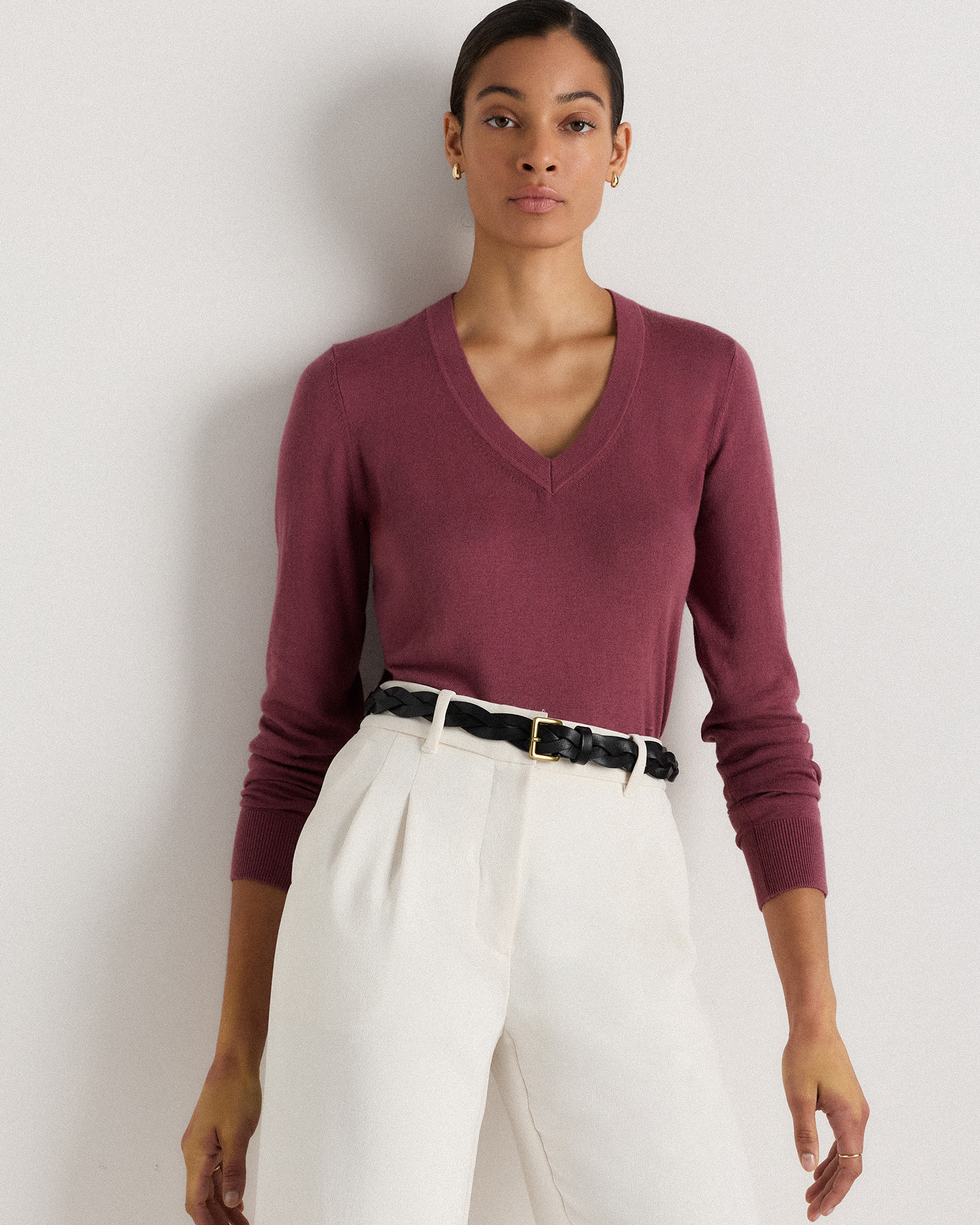 Crushed Berry Purple Lightweight Cotton Cashmere V-Neck Sweater