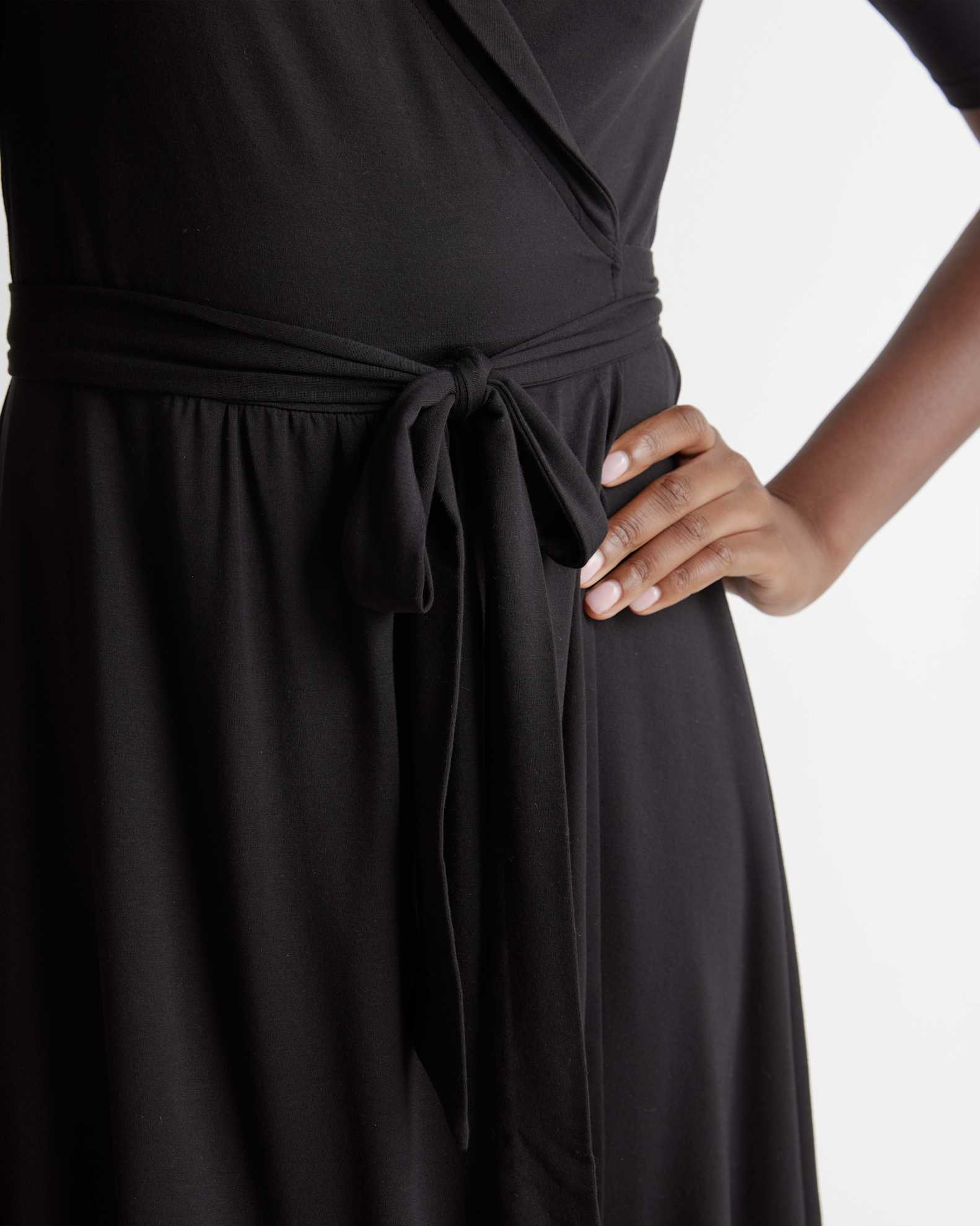 Quince Women's Tencel Jersey Midi Wrap Dress, Black, Size XS - Eco-Friendly, Comfortable, Modern Length, Rounded Collar Quince Women's Tencel Jersey Midi Wrap Dress, Black, Size XS - Eco-Friendly, Comfortable, Modern Length, Rounded Collar