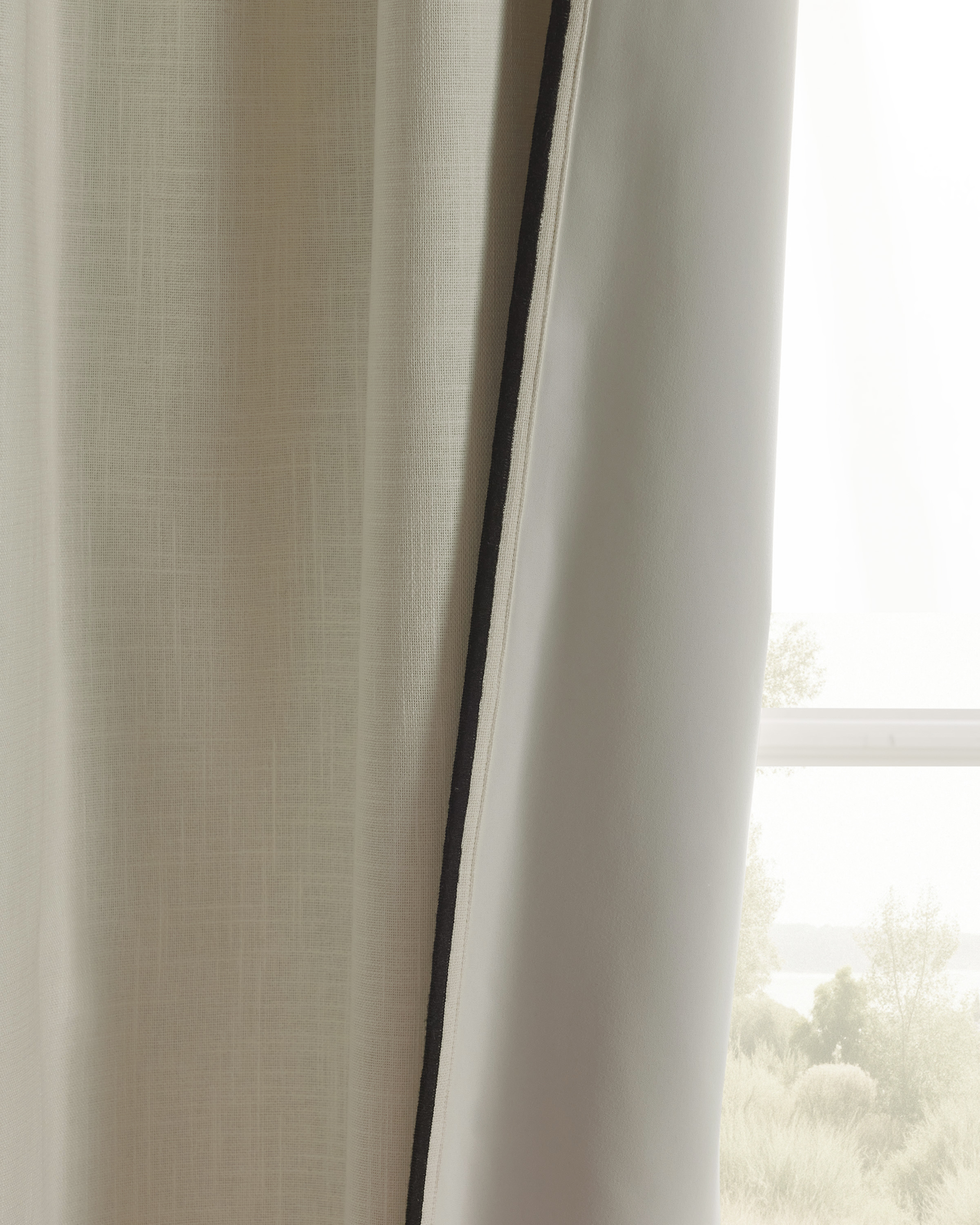 Piped Edge Cotton True Blackout Curtain - Ivory/Black Piping, 48x96