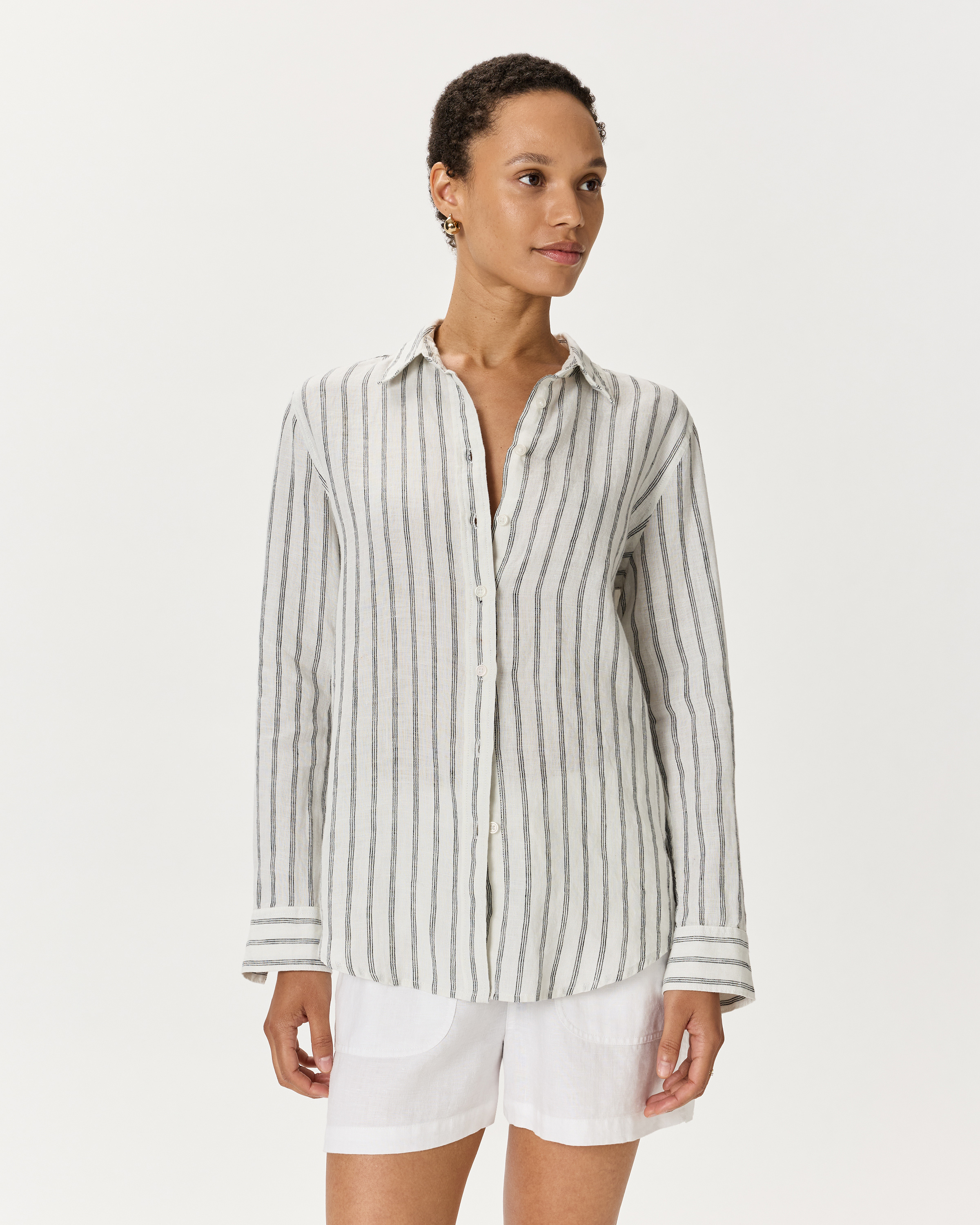 Oatmeal / Black Stripe 100% European Linen Long Sleeve Shirt