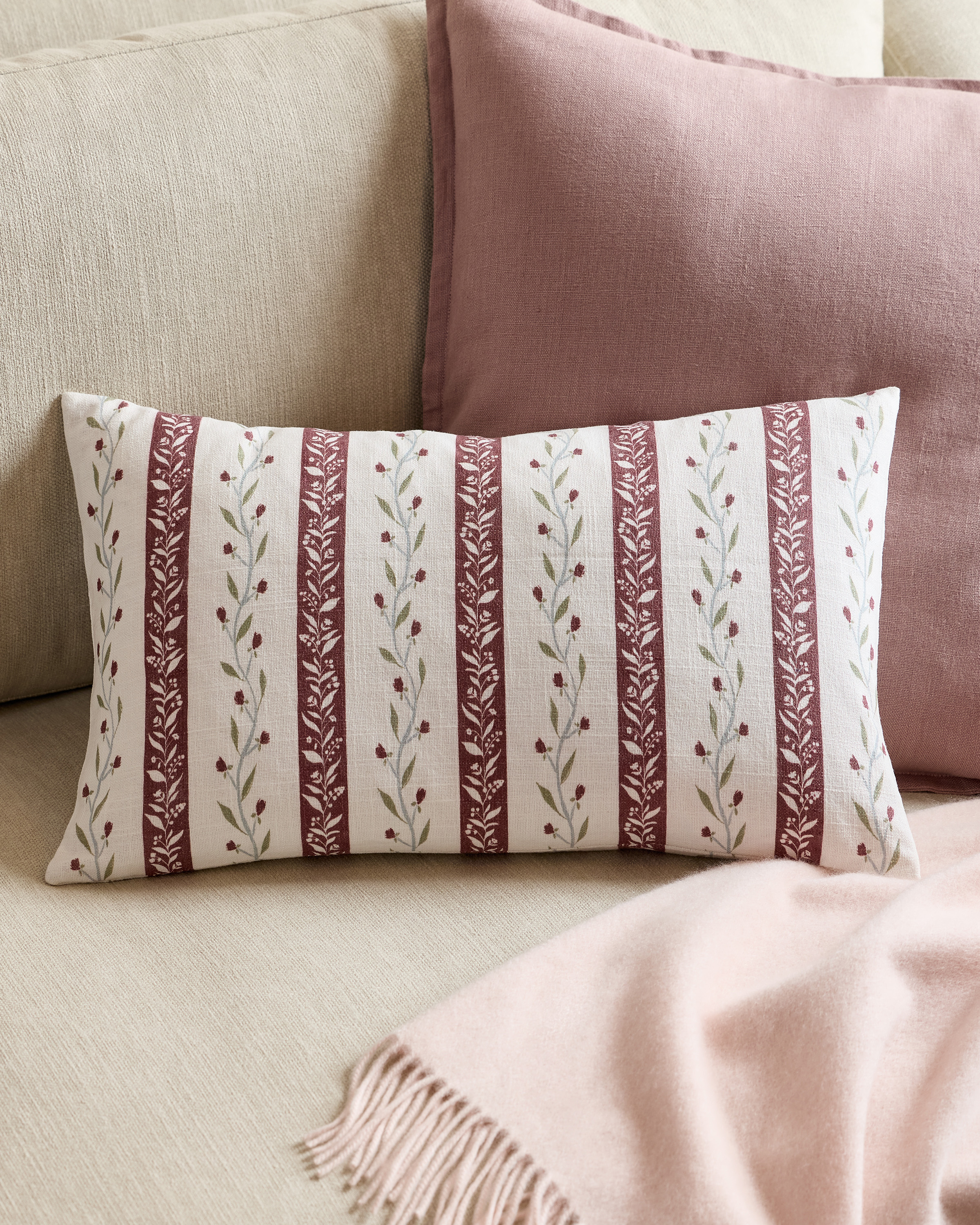 Red Stripe Floral Vine Cotton Pillow Cover
