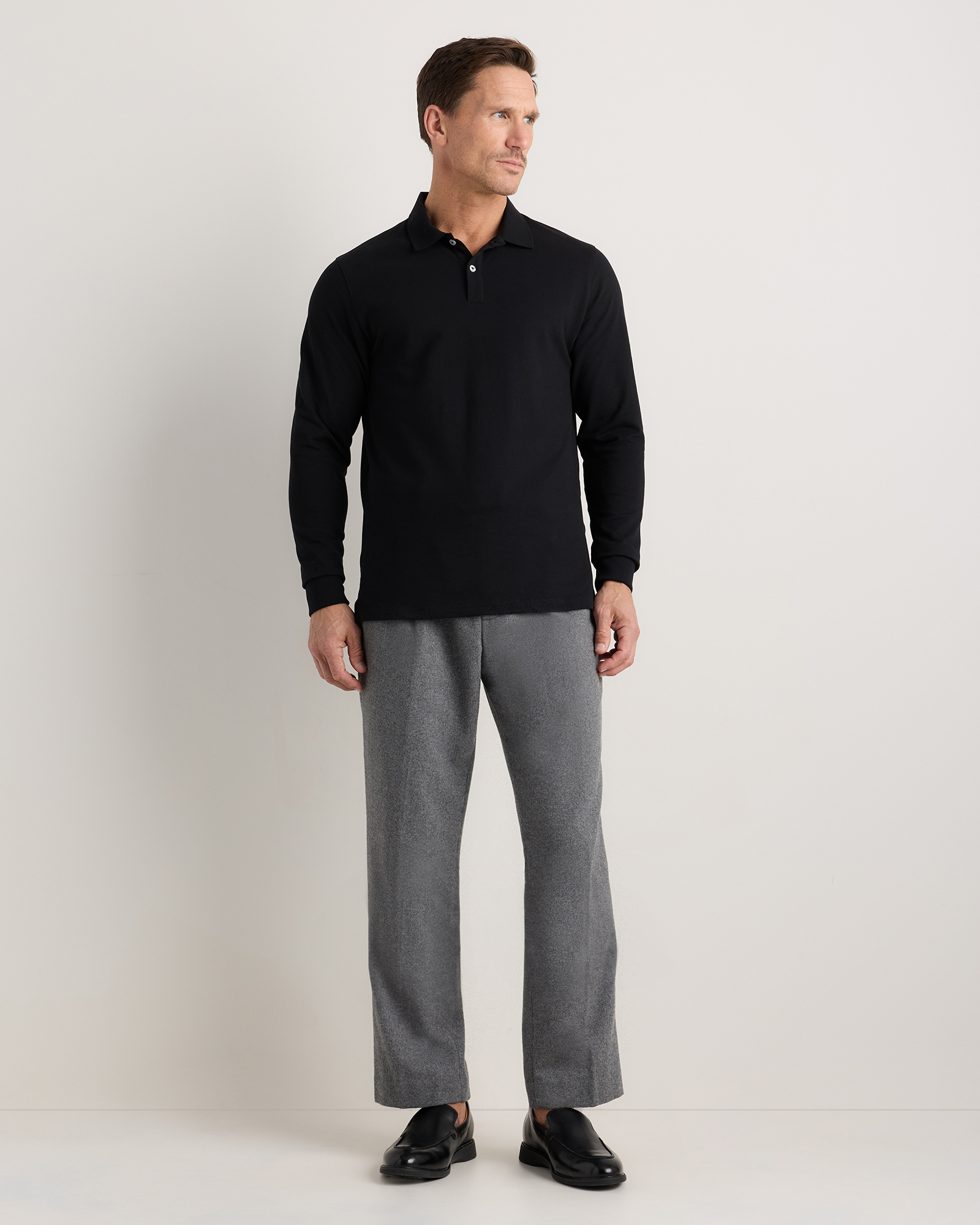 Organic Cotton Long Sleeve Pique Polo in Black
