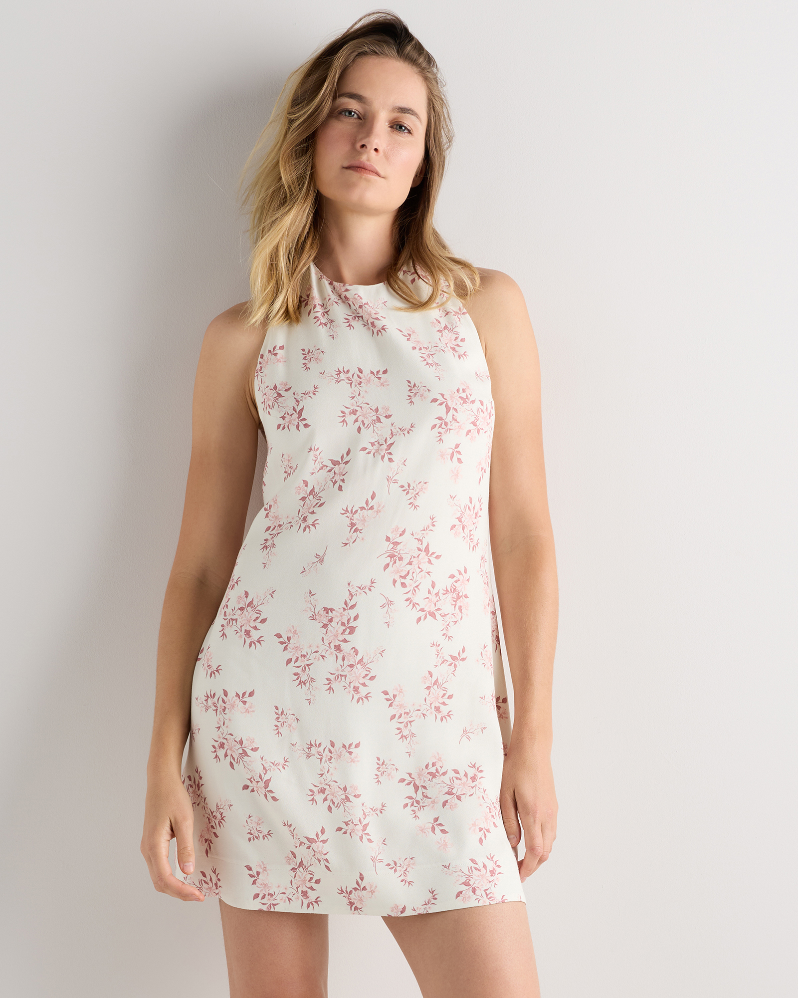 Ivory Rose Pink Petite Floral Lightweight Crepe Halter Mini Dress