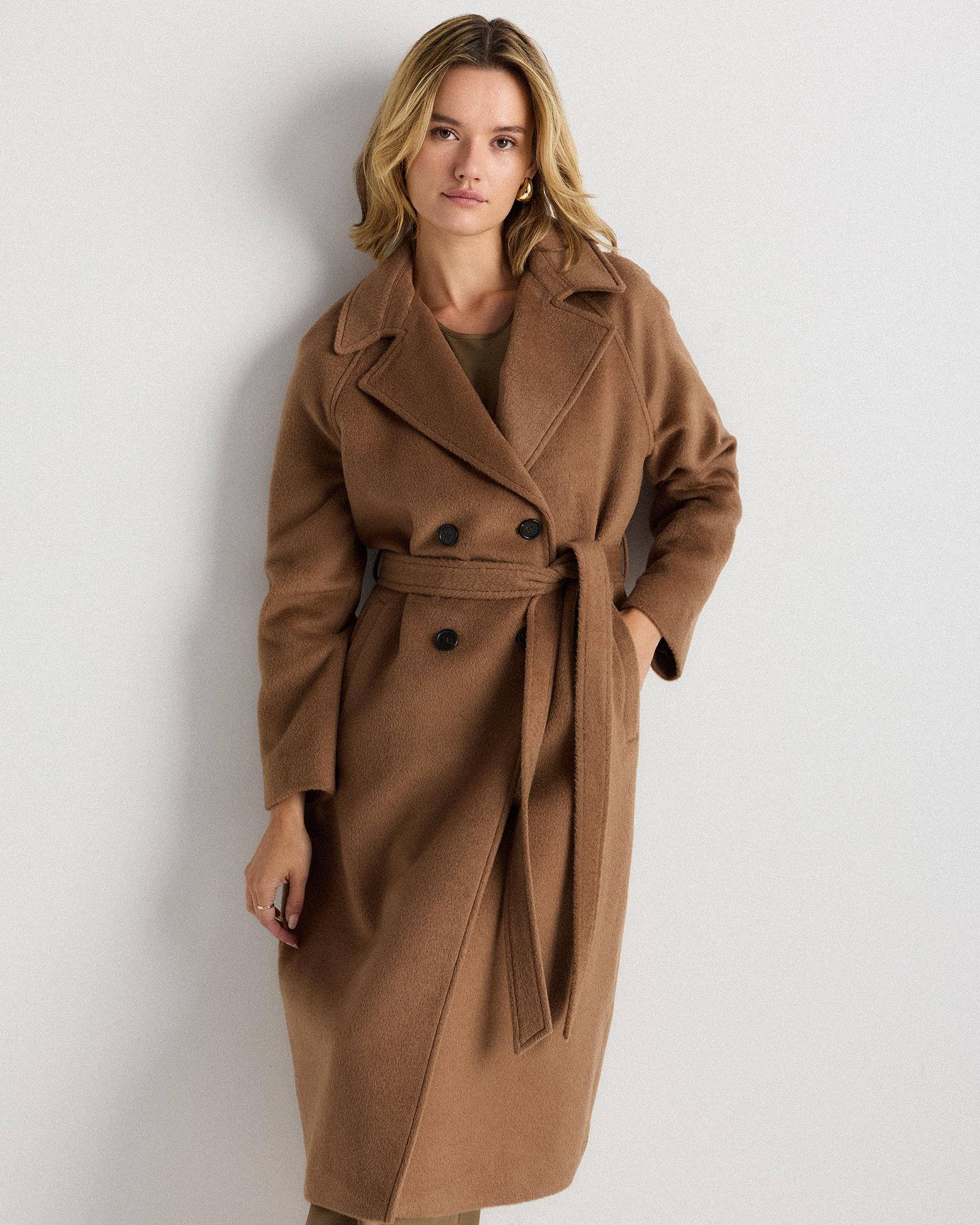 Mocha Brown Camel Hair Double-Breasted Long Wrap Coat