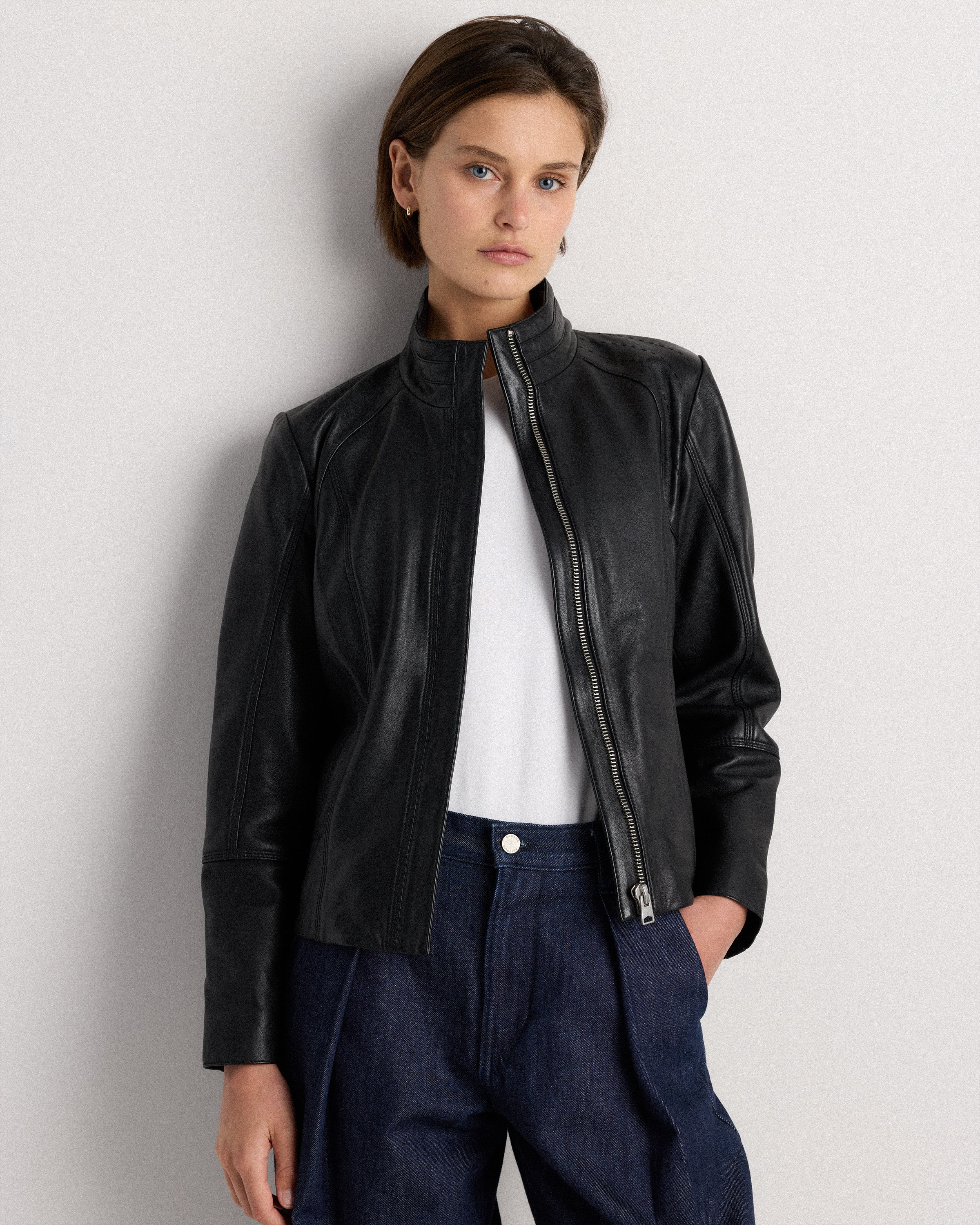 True Black 100% Leather Stand-Collar Jacket