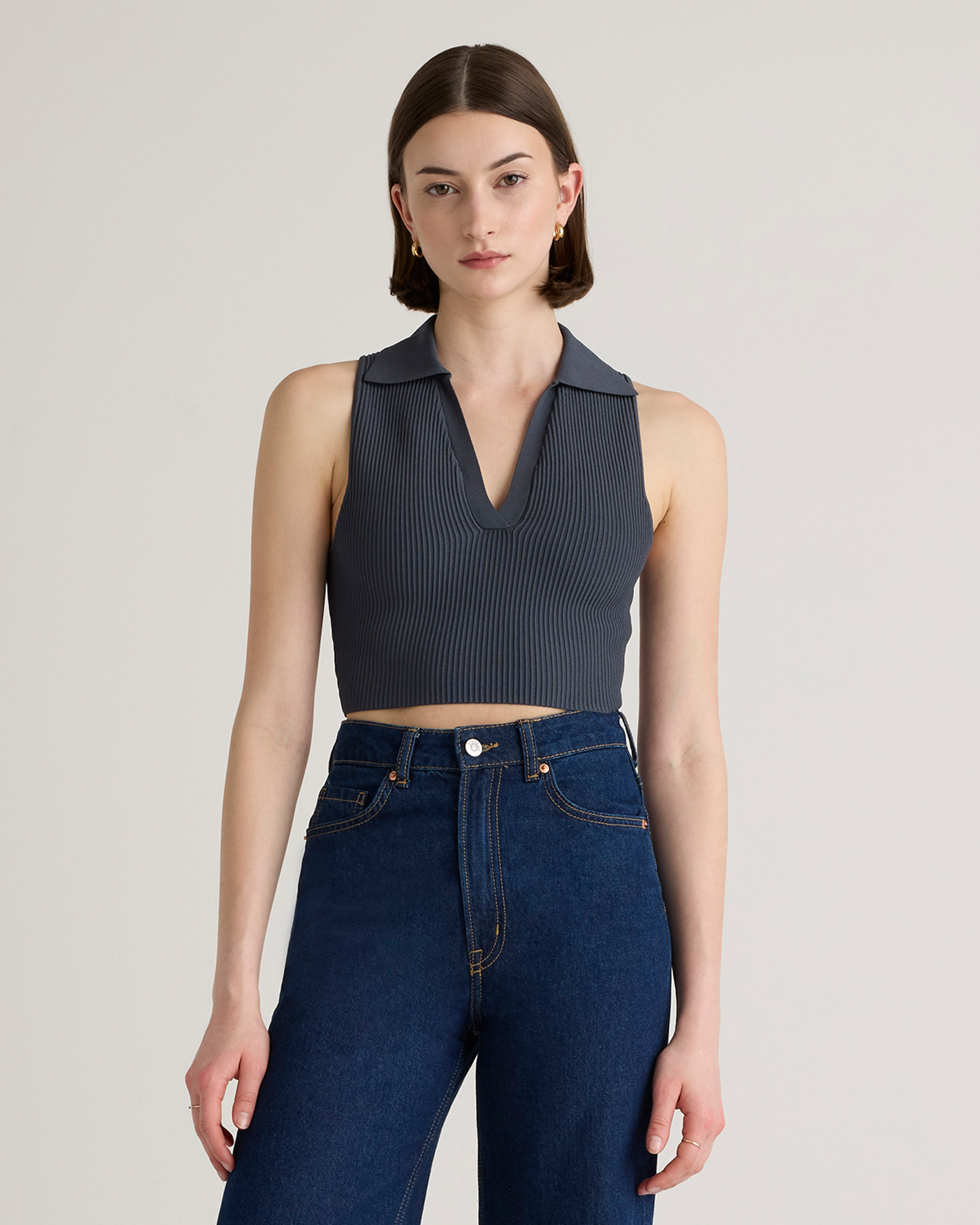 Grey Cropped Polo Ribbed Knit Tank