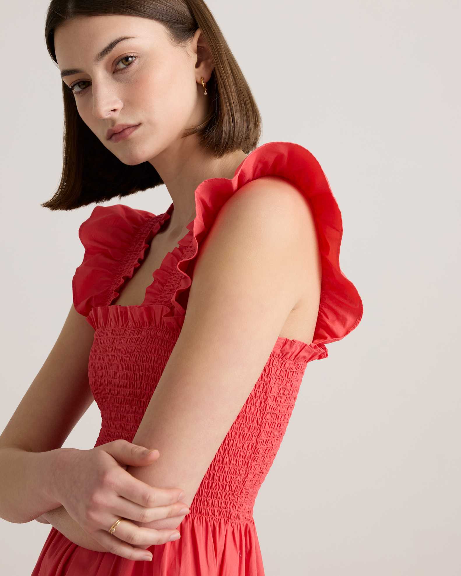smocked bodice poplin midi dress Lands' End Women's Poplin Smocked Bodice Midi Dress