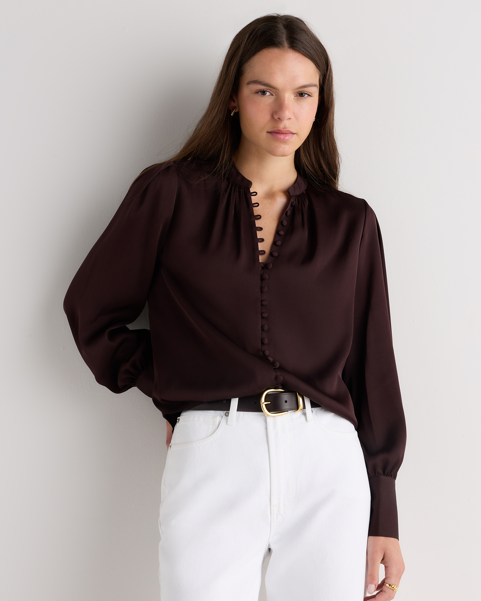 Chocolate Plum Brown Washable Stretch Silk Peasant Blouse