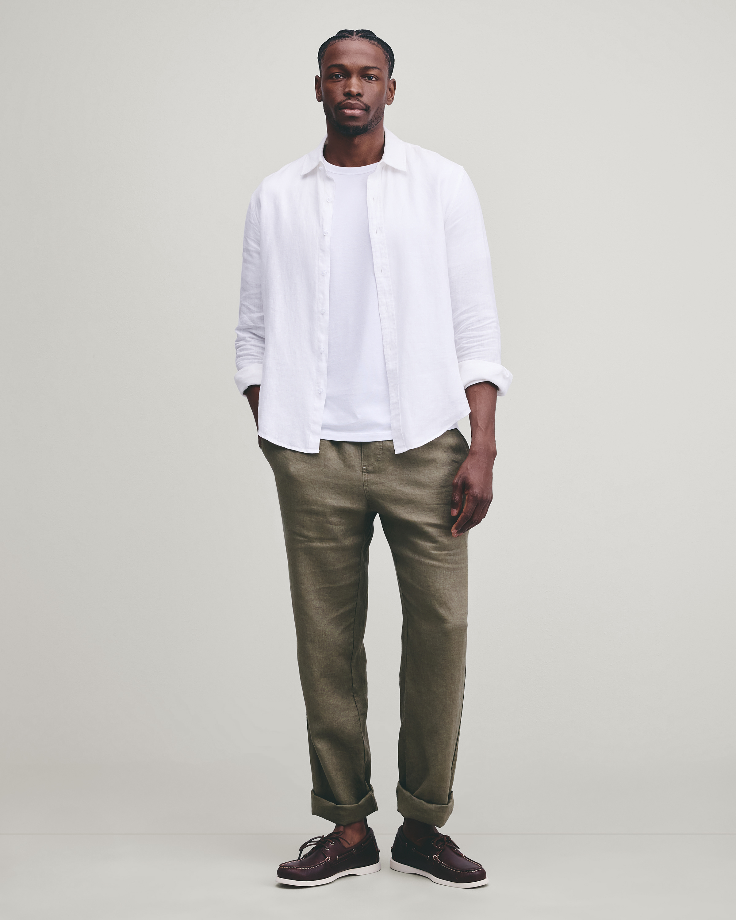 White 100% European Linen Relaxed Long Sleeve Shirt