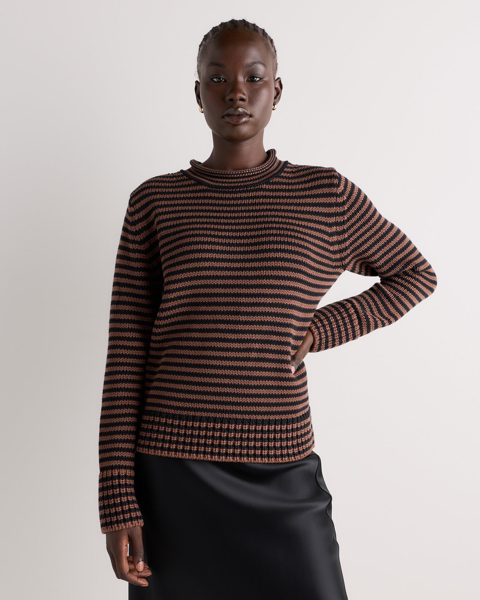 Toasted Almond Brown Mini Stripe 100% Organic Cotton Roll Neck Sweater