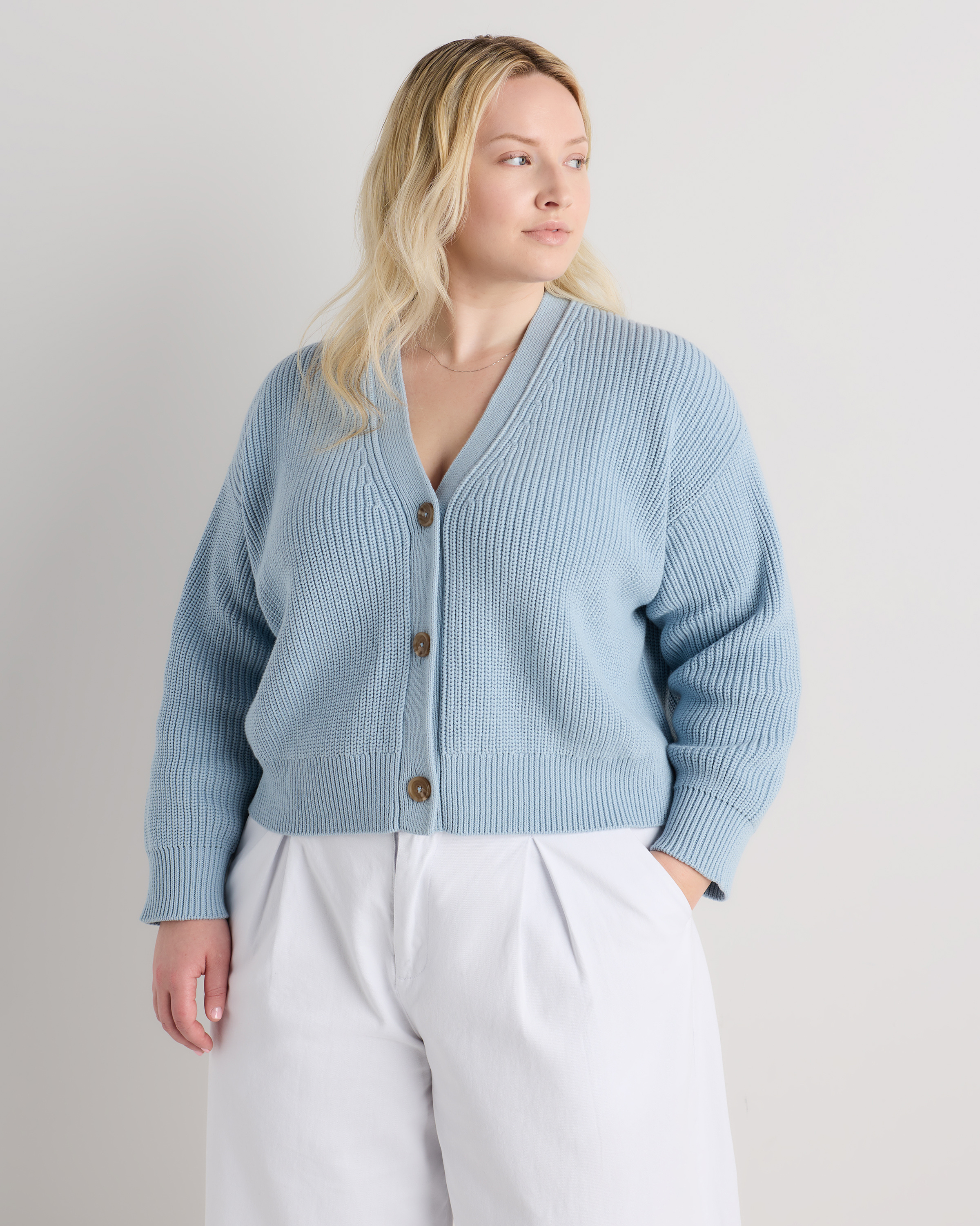 Sky Blue Cardigan écourté style pêcheur 100 % coton biologique à coupe carrée