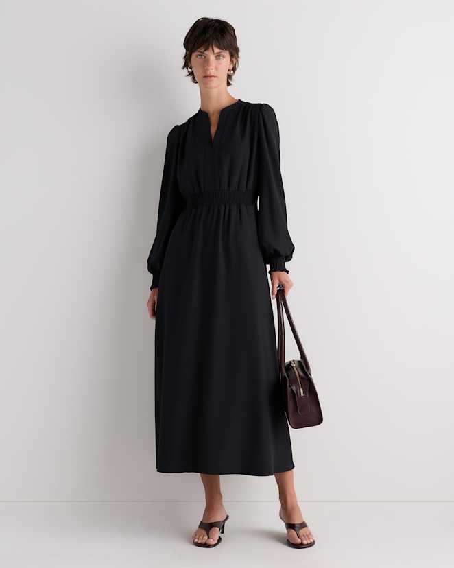 True Black Matte Crepe Long Sleeve Midi Dress