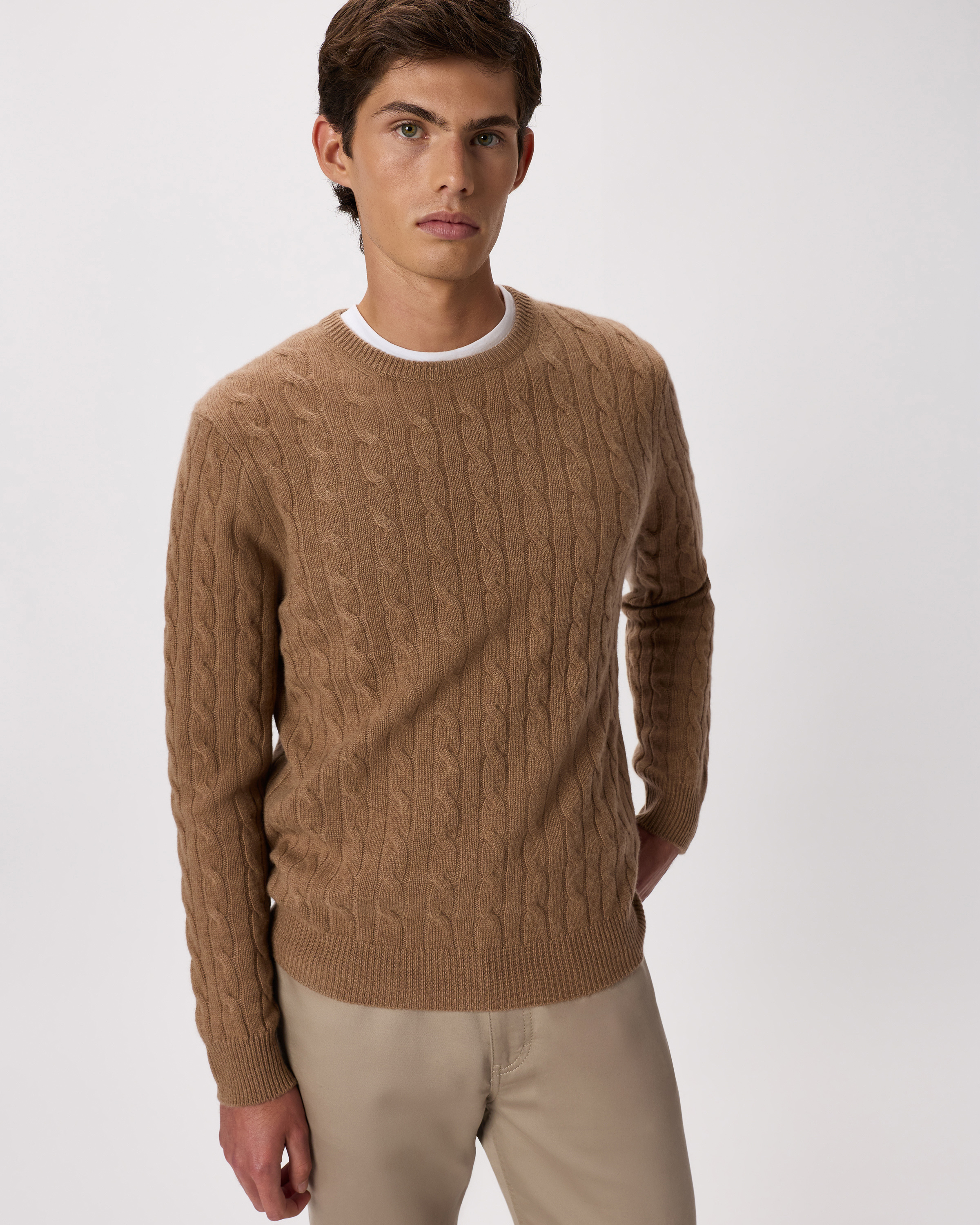 Teak Mongolian Cashmere Classic Cable Crewneck Sweater