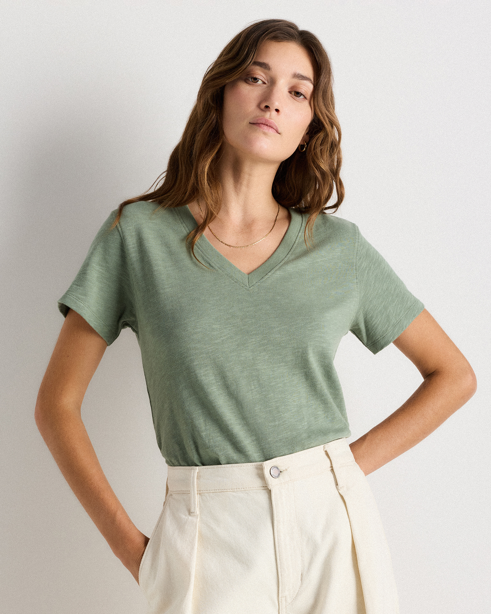 Sea Spray Green 100% Organic Cotton Slub V-Neck Tee