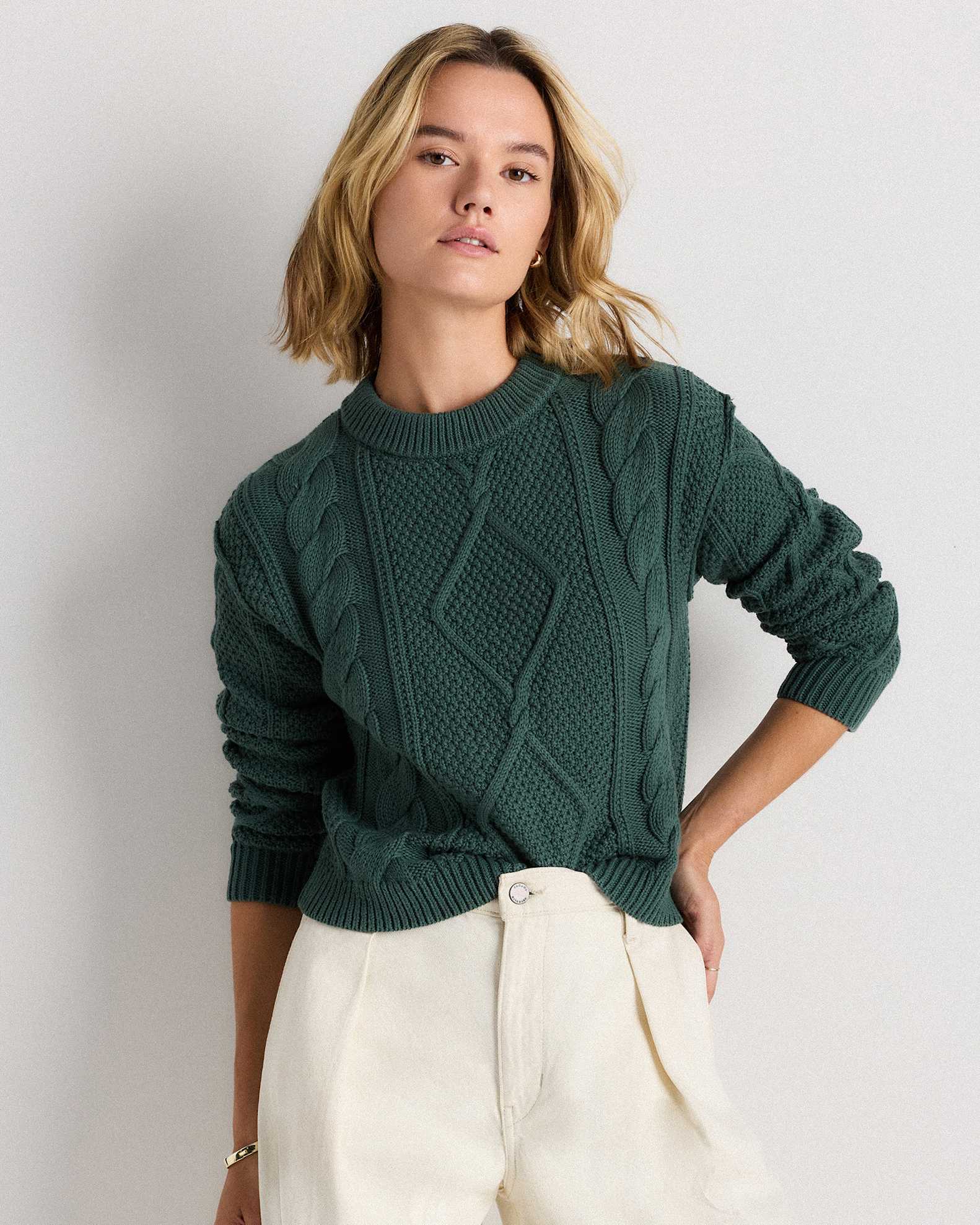 100% Organic Cotton Cropped Cable Sweater in Big Sur Green