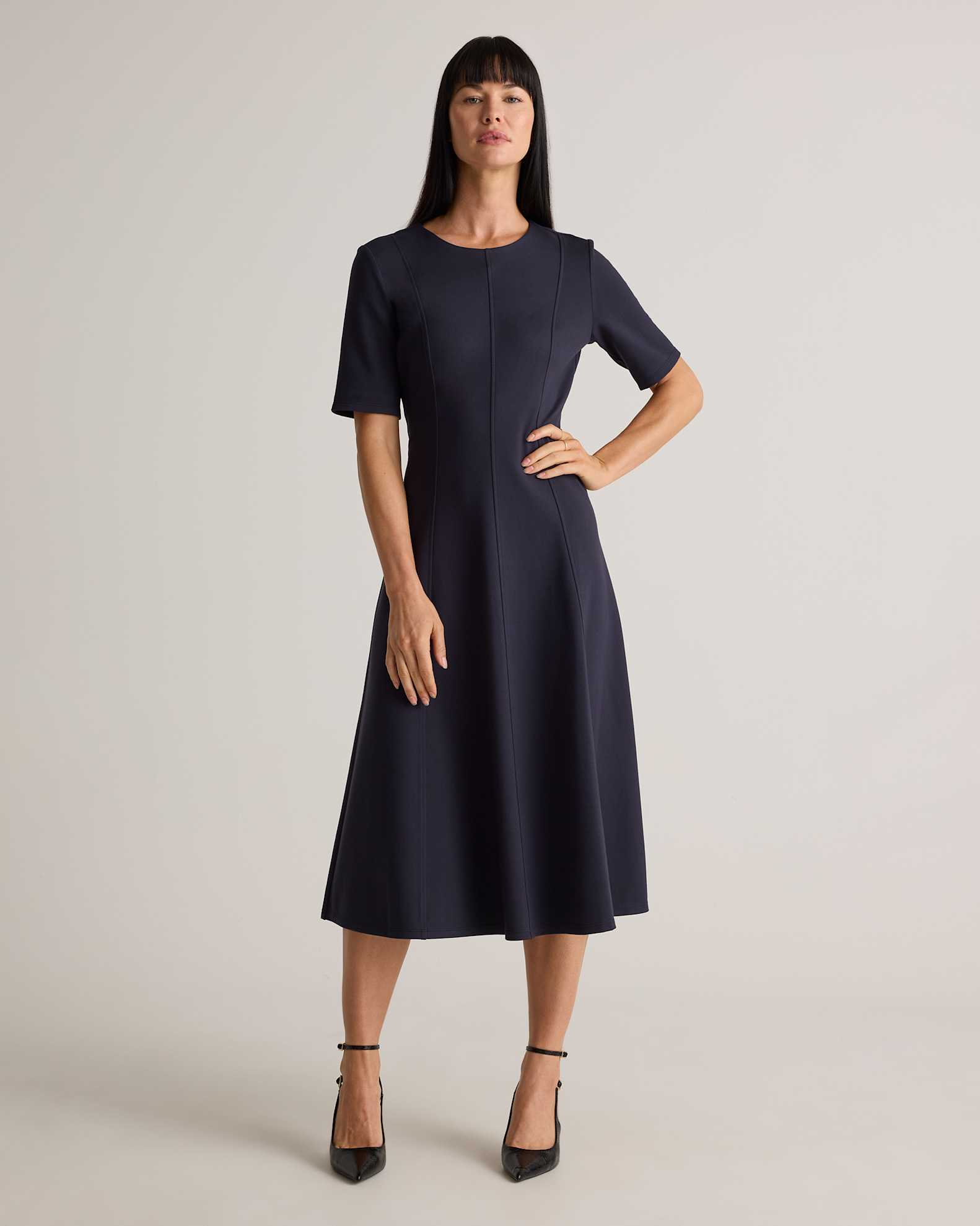 Quince Women's Ultra-Stretch Ponte Short Sleeve Midi Dress, Navy, Size XS, Rayon - Versatile for Office to Evening Wear Quince Women's Ultra-Stretch Ponte Short Sleeve Midi Dress, Navy, Size XS, Rayon - Versatile for Office to Evening Wear