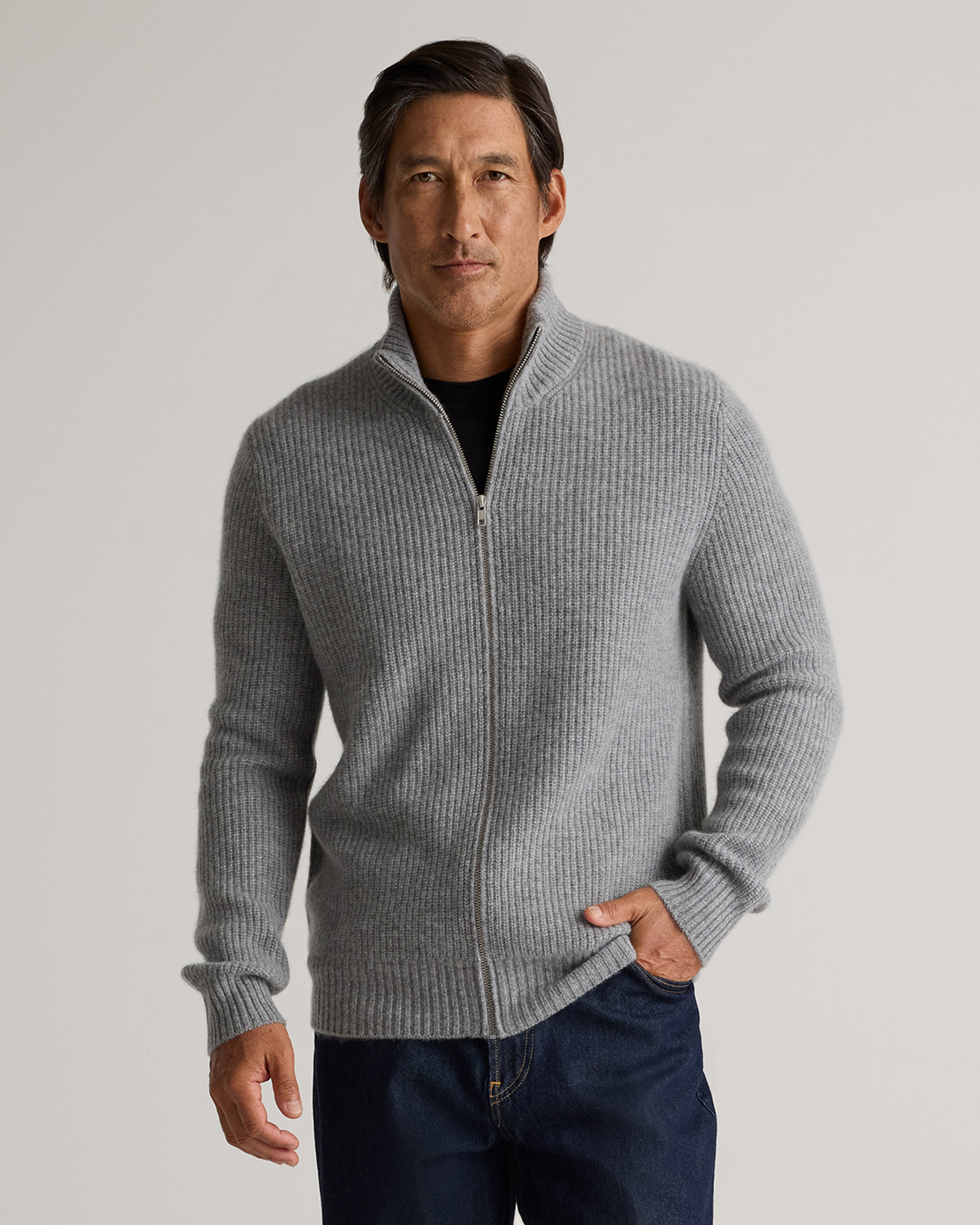 heather-grey Mongolian Cashmere Fisherman Full Zip Sweater