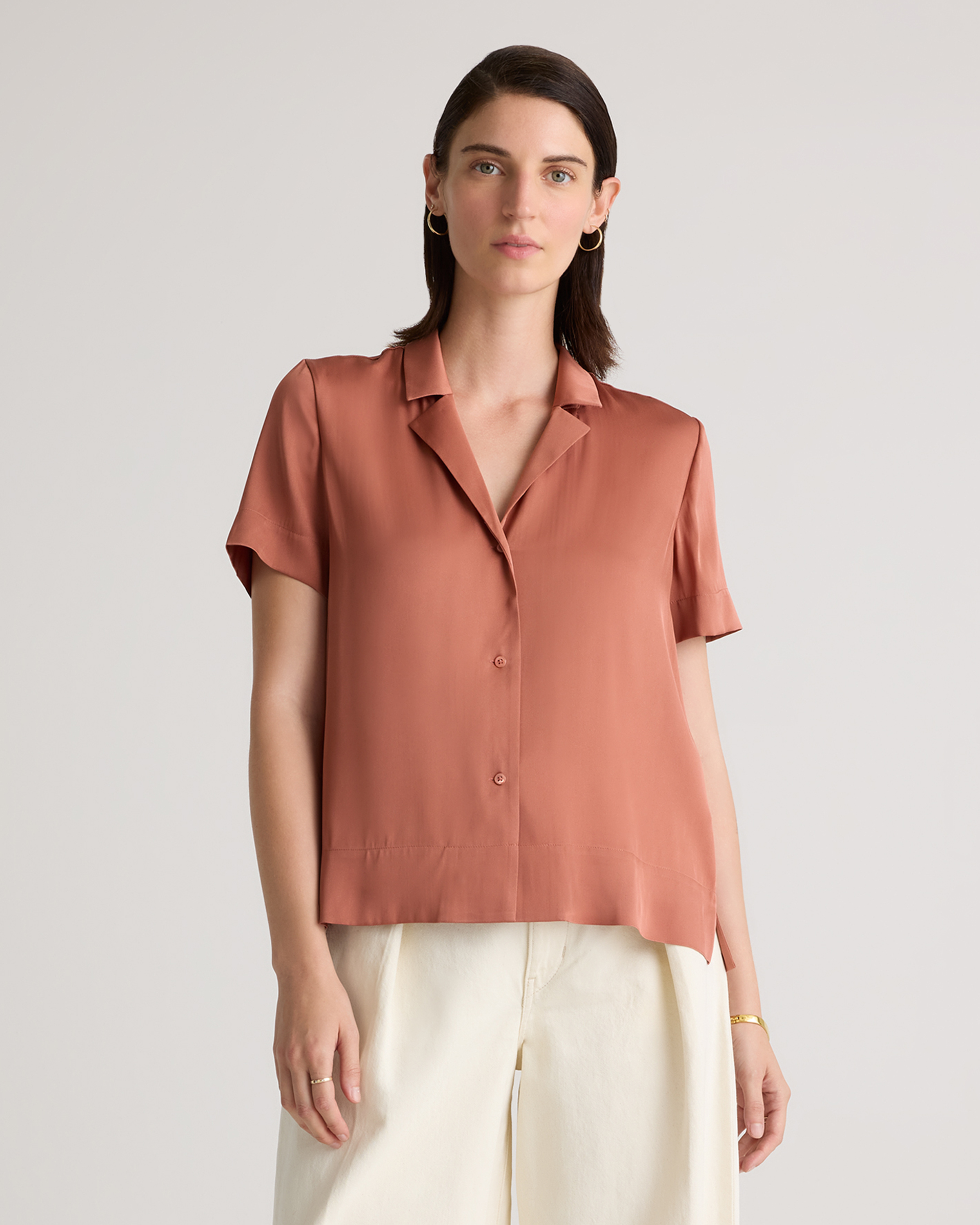 Rose Powder Washable Stretch Silk Short Sleeve Notch Collar Blouse