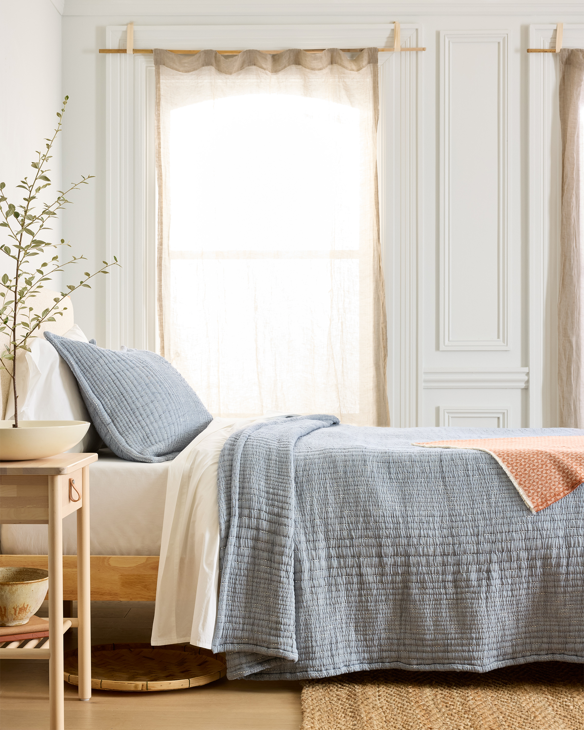 Blue Organic Cotton Channel Stitch Coverlet