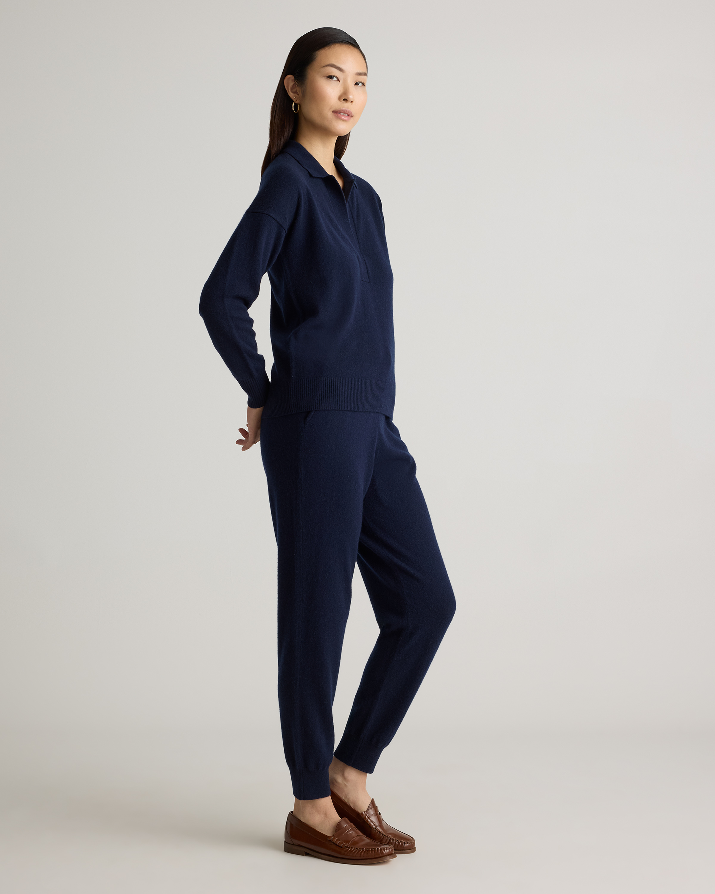 Women's Mongolian Cashmere Polo Sweater in True Navy