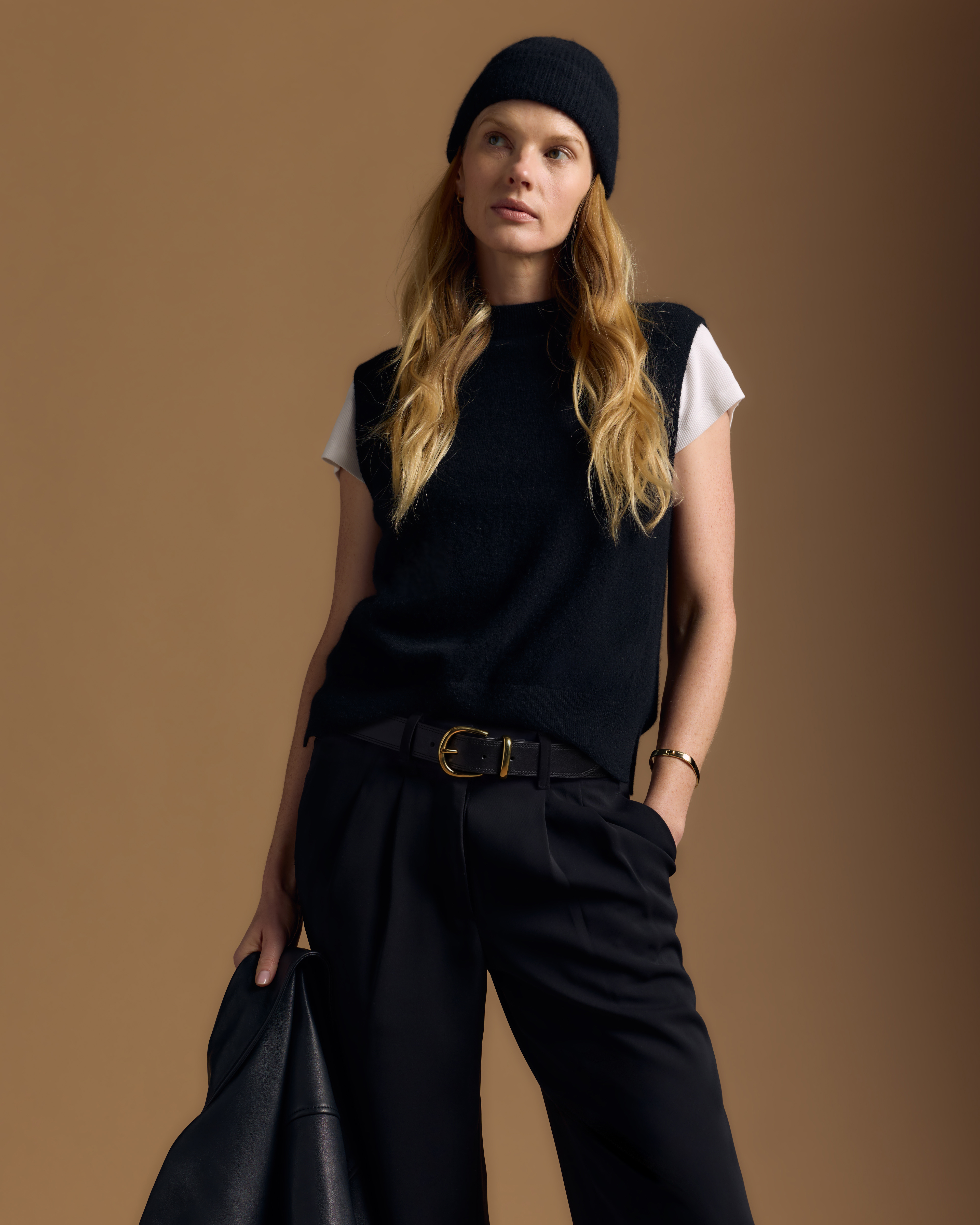 Black Mongolian Cashmere Mock Neck Sweater Vest 