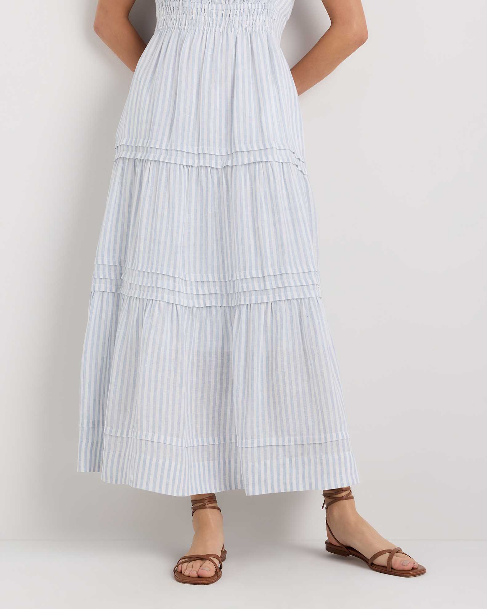100% European Linen Tiered Maxi Dress in Sky Blue Mariner Stripe 100% European Linen Tiered Maxi Dress in Sky Blue Mariner Stripe