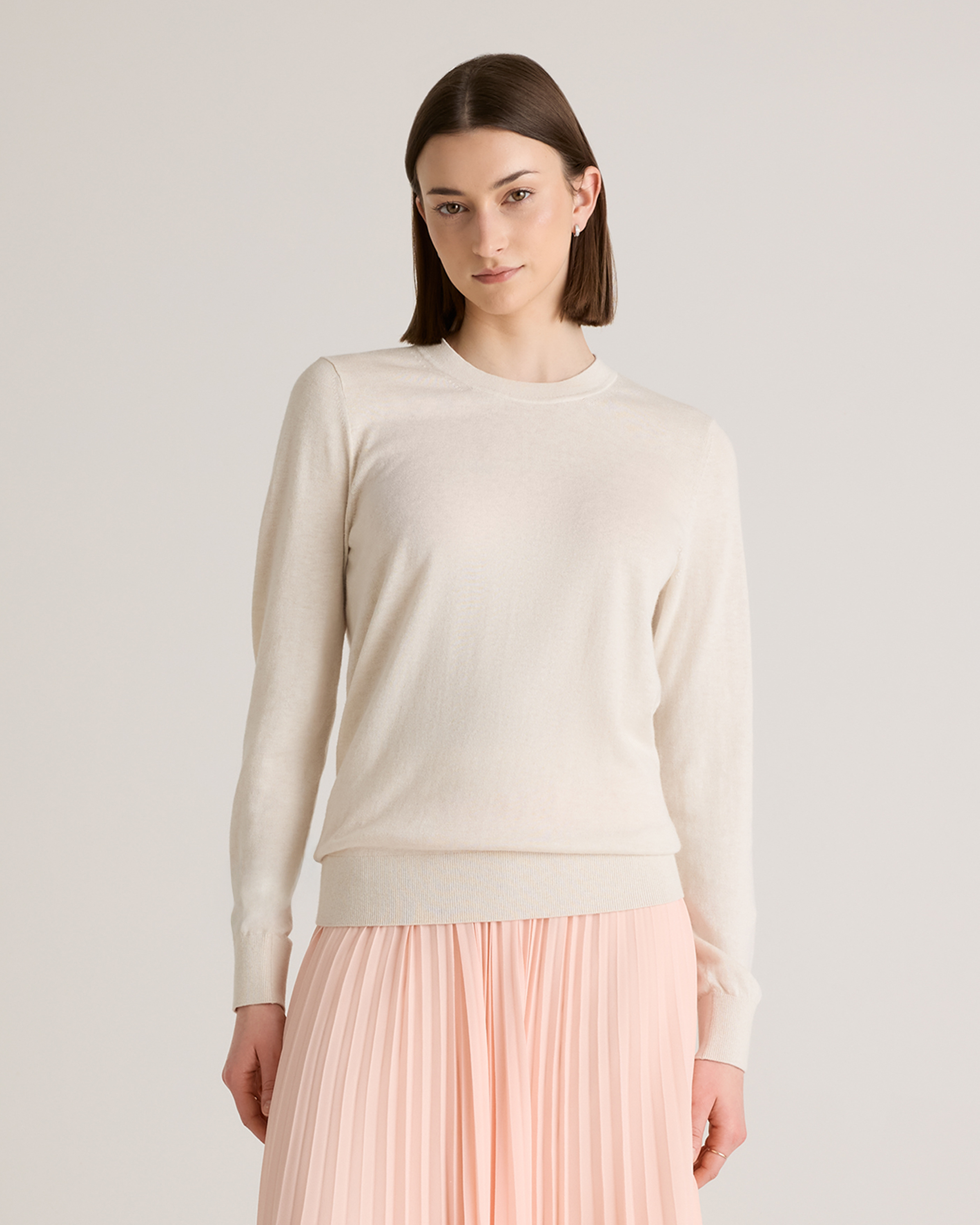 Heather Bone Lightweight Cotton Cashmere Crew Sweater 