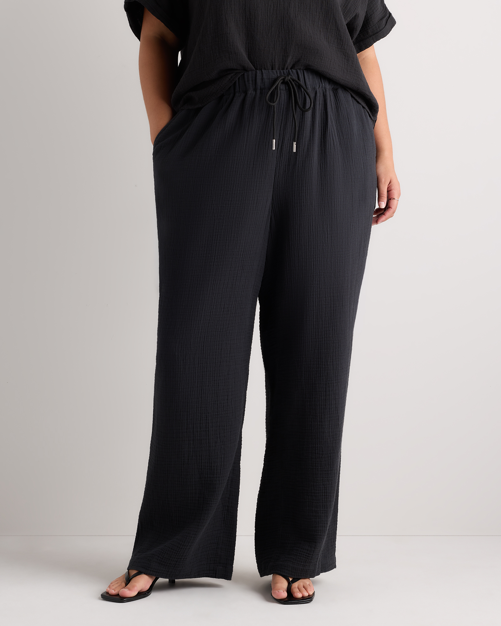 Black 100% Organic Cotton Gauze Straight Leg Pants