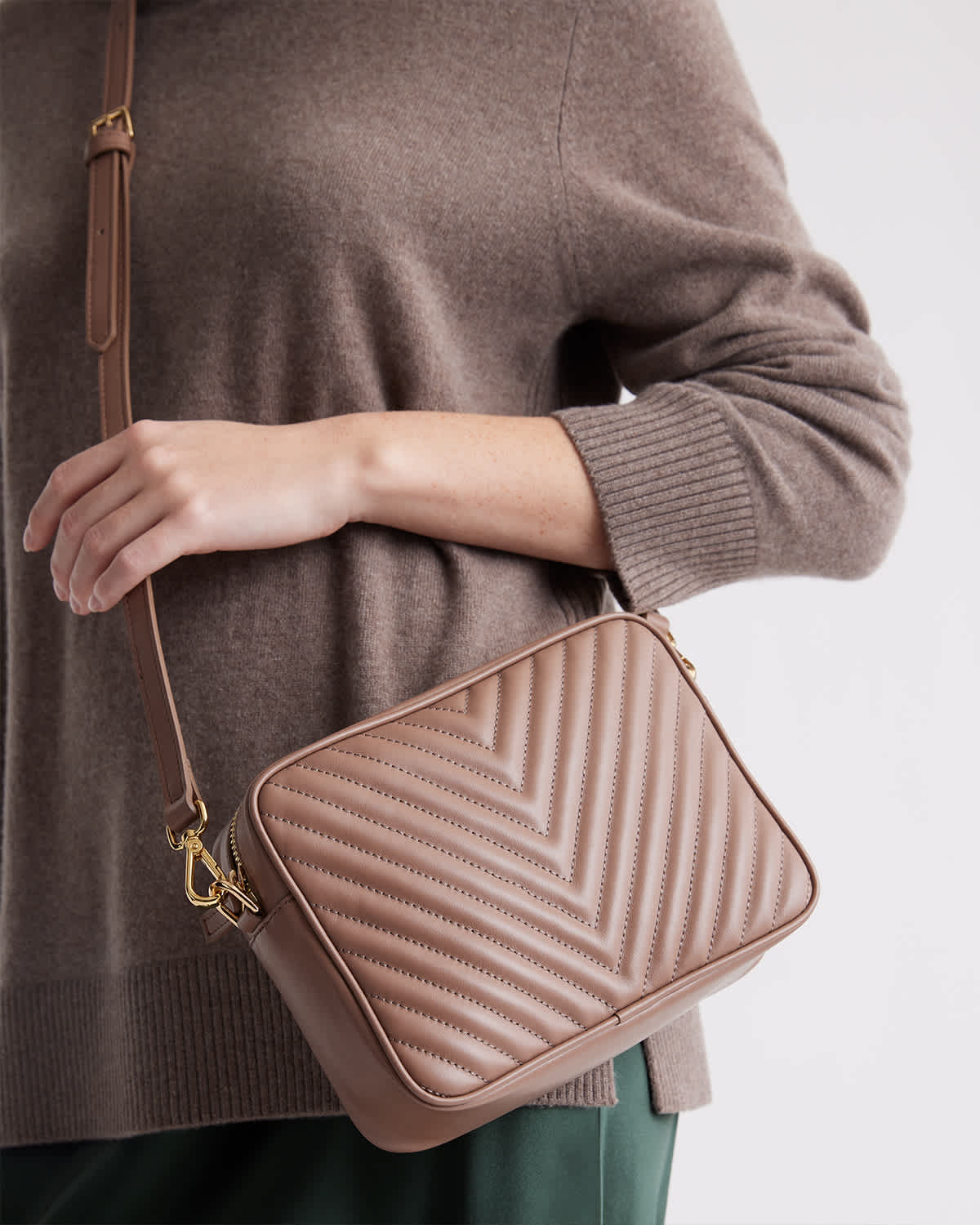 Italian Leather Quilted Crossbody Bag in Dark Taupe