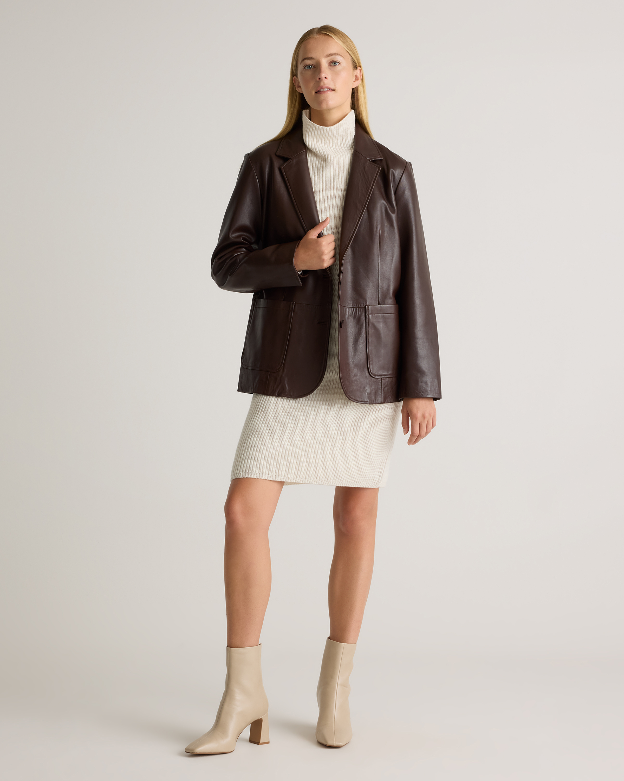 Australian Merino Wool Relaxed Turtleneck Sweater Dress in Heather Bone