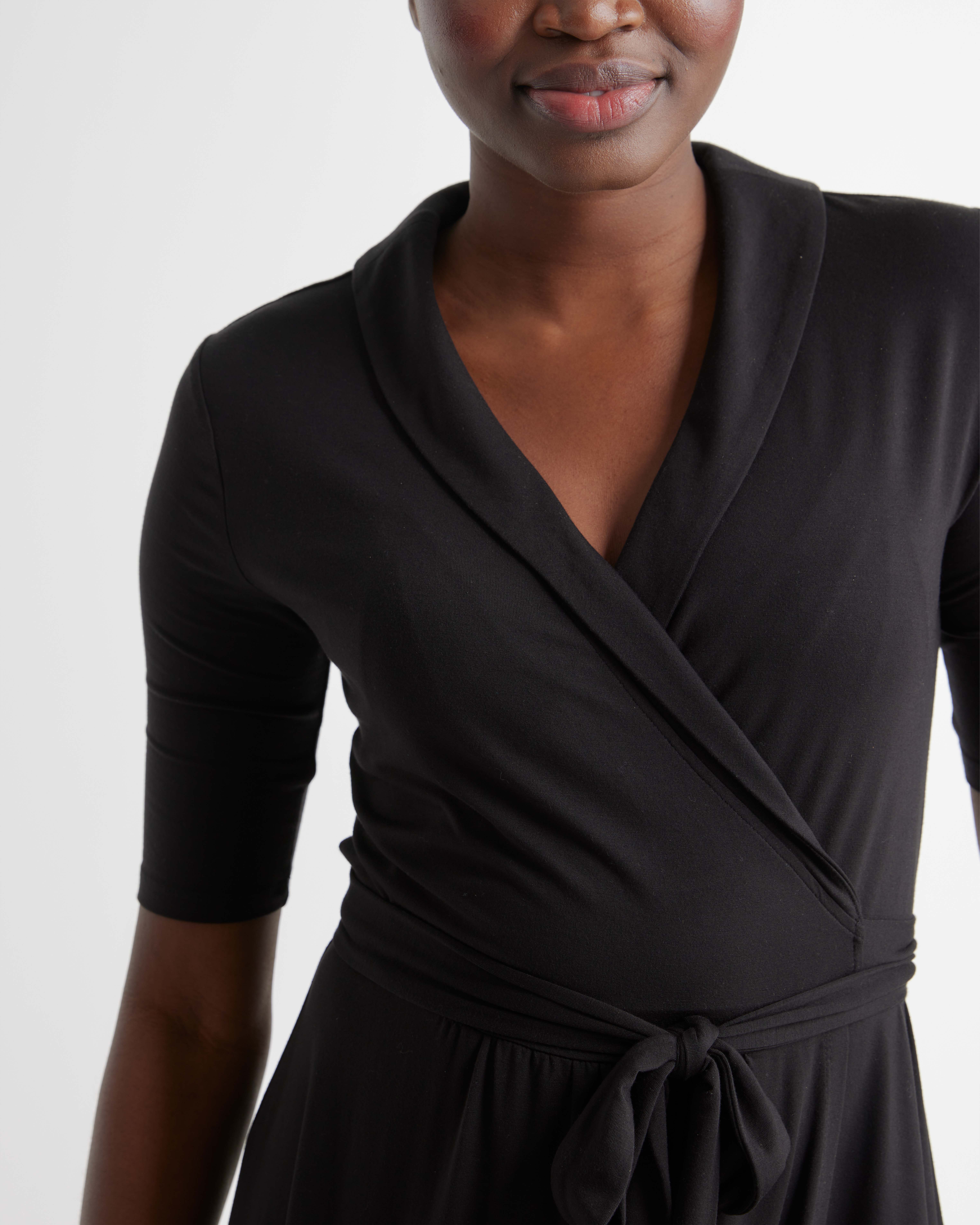 Quince Women's Tencel Jersey Midi Wrap Dress, Black, Size XS - Eco-Friendly, Comfortable, Modern Length, Rounded Collar