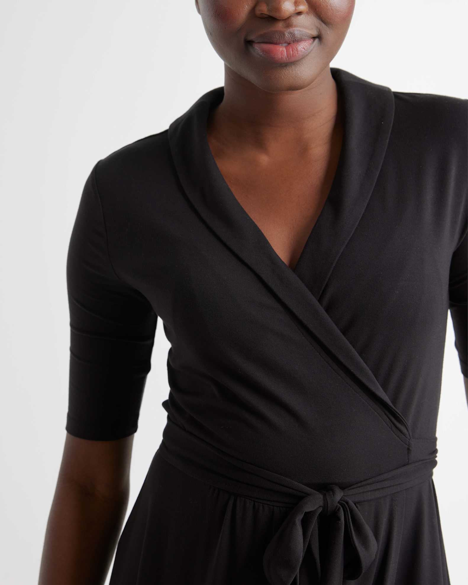 Quince Women's Tencel Jersey Midi Wrap Dress, Black, Size XS - Eco-Friendly, Comfortable, Modern Length, Rounded Collar Quince Women's Tencel Jersey Midi Wrap Dress, Black, Size XS - Eco-Friendly, Comfortable, Modern Length, Rounded Collar