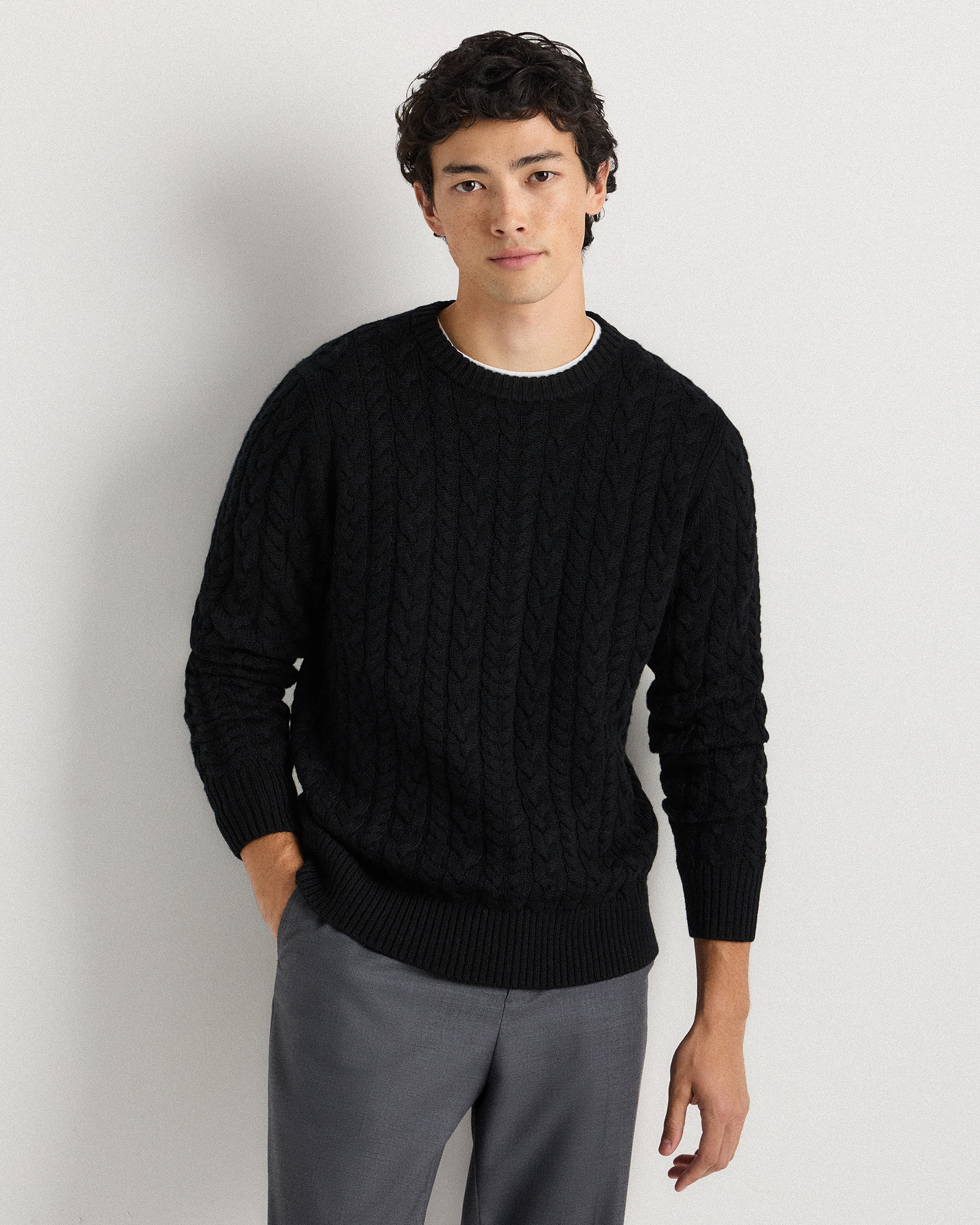 Black Australian Merino Wool Cable Crewneck Sweater