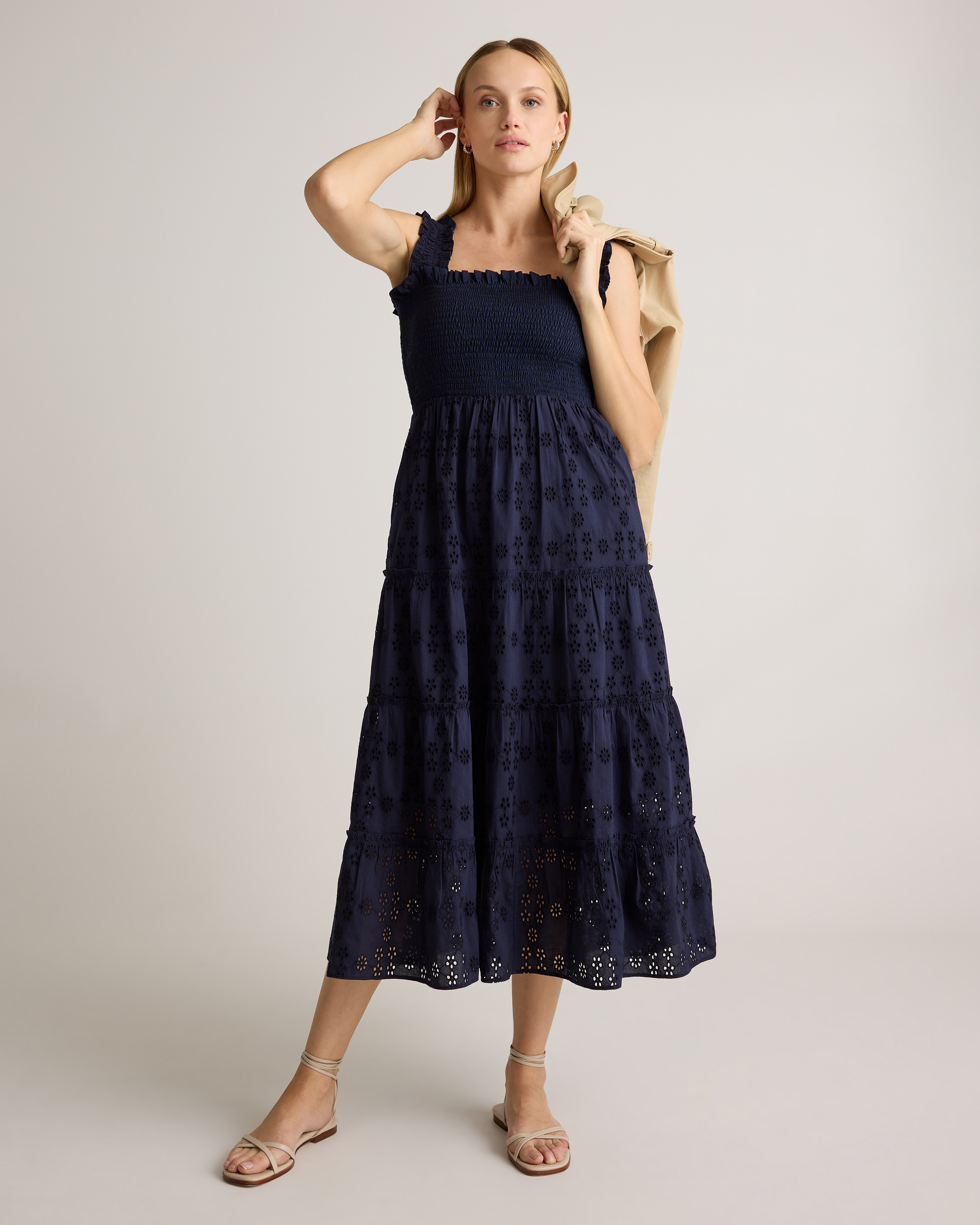 knee length dresses for ladies 100% Cotton White Eyelet Cutout Midi Dress - All Dresses main image 1