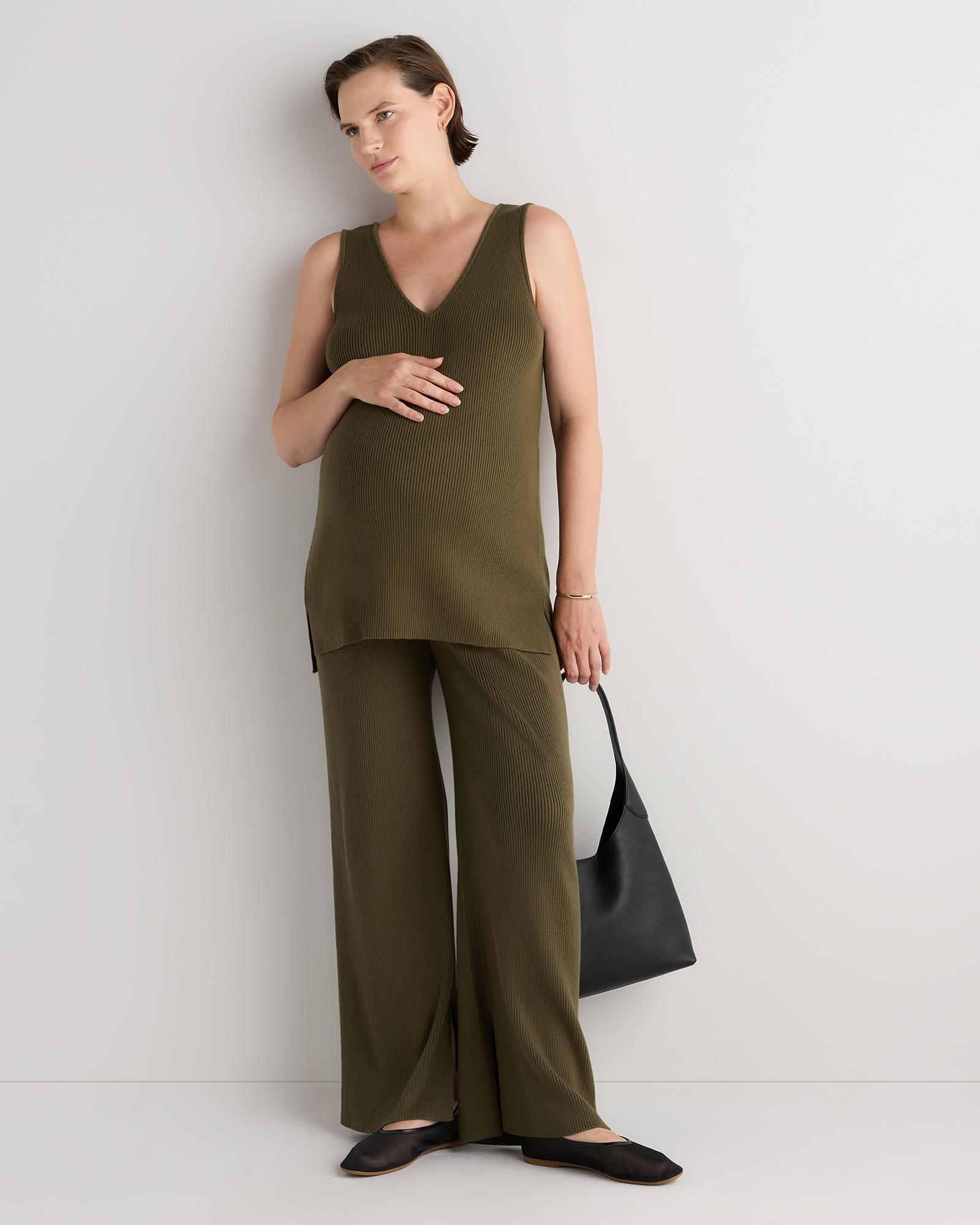 Olive Cotton Cashmere Maternity Wide Leg Pants