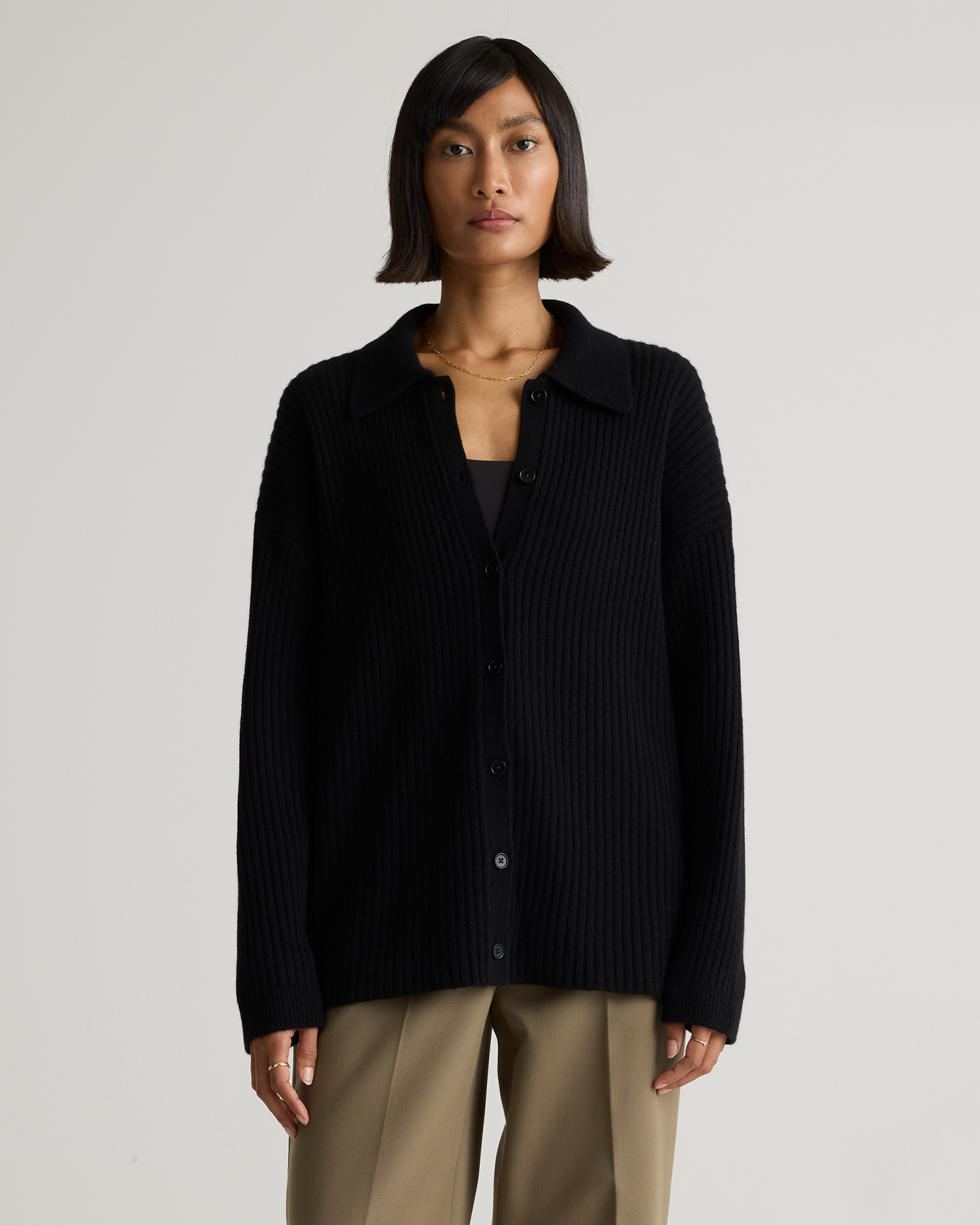 Black Mongolian Cashmere Wide-Rib Oversized Collared Cardigan