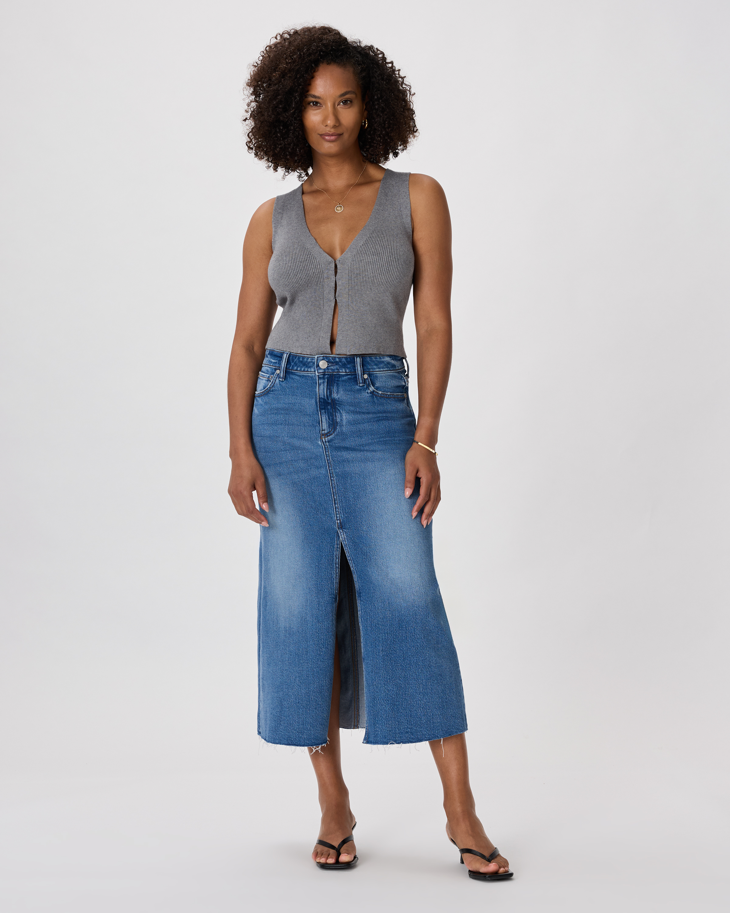 Stretch Denim 5-Pocket Midi Skirt in Atlantic Blue