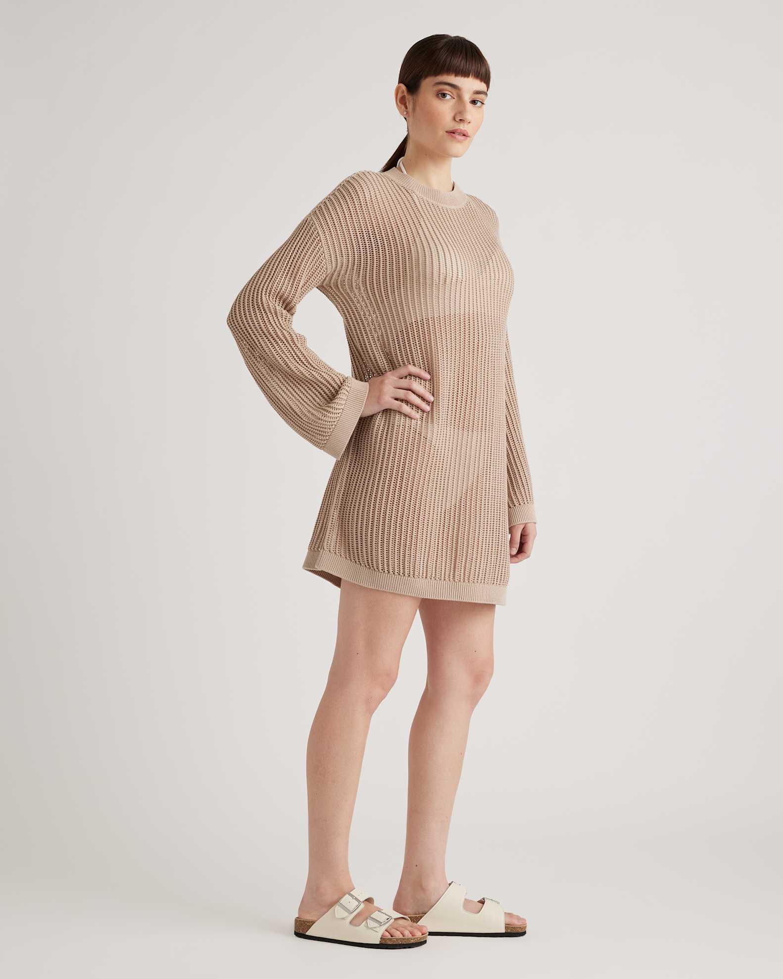 Quince Women's Organic Cotton Open-Knit Long Sleeve Cover-Up Mini Dress, White, Size XL - Perfect for Beach & Pool Outfits Quince Women's Organic Cotton Open-Knit Long Sleeve Cover-Up Mini Dress, White, Size XL - Perfect for Beach & Pool Outfits