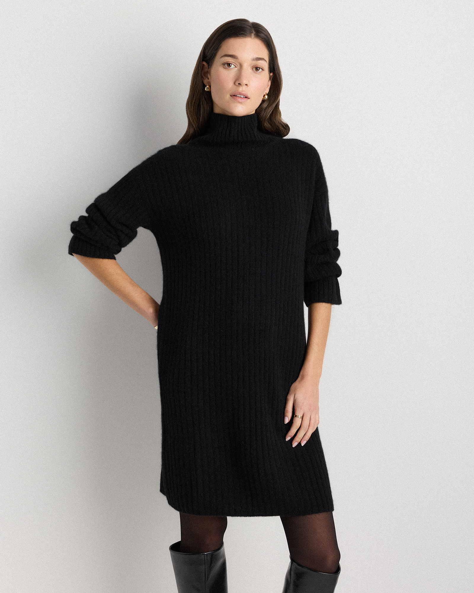 Black Mongolian Cashmere Ribbed Turtleneck Mini Dress