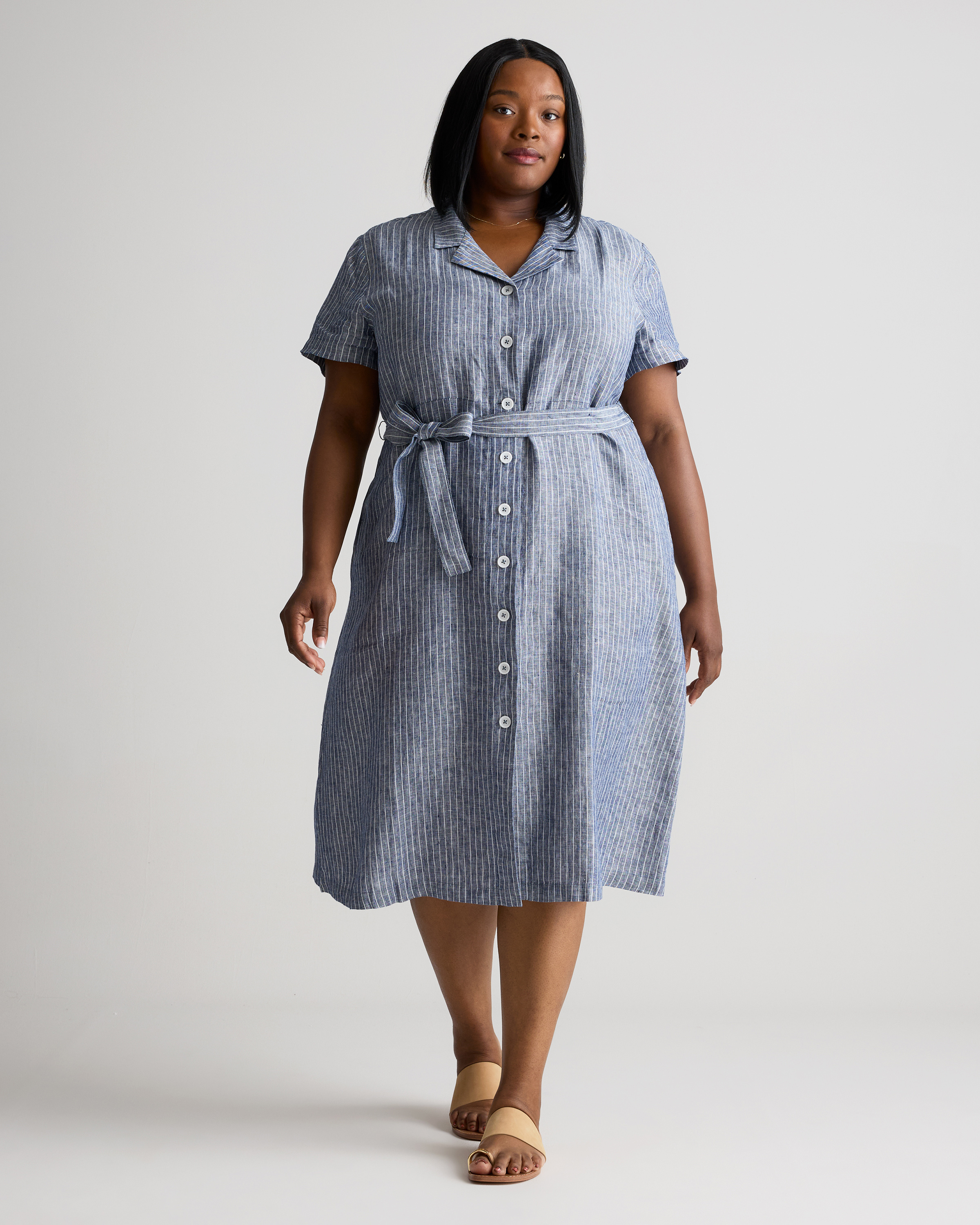 Chambray Stripe 100% European Linen Button Front Dress