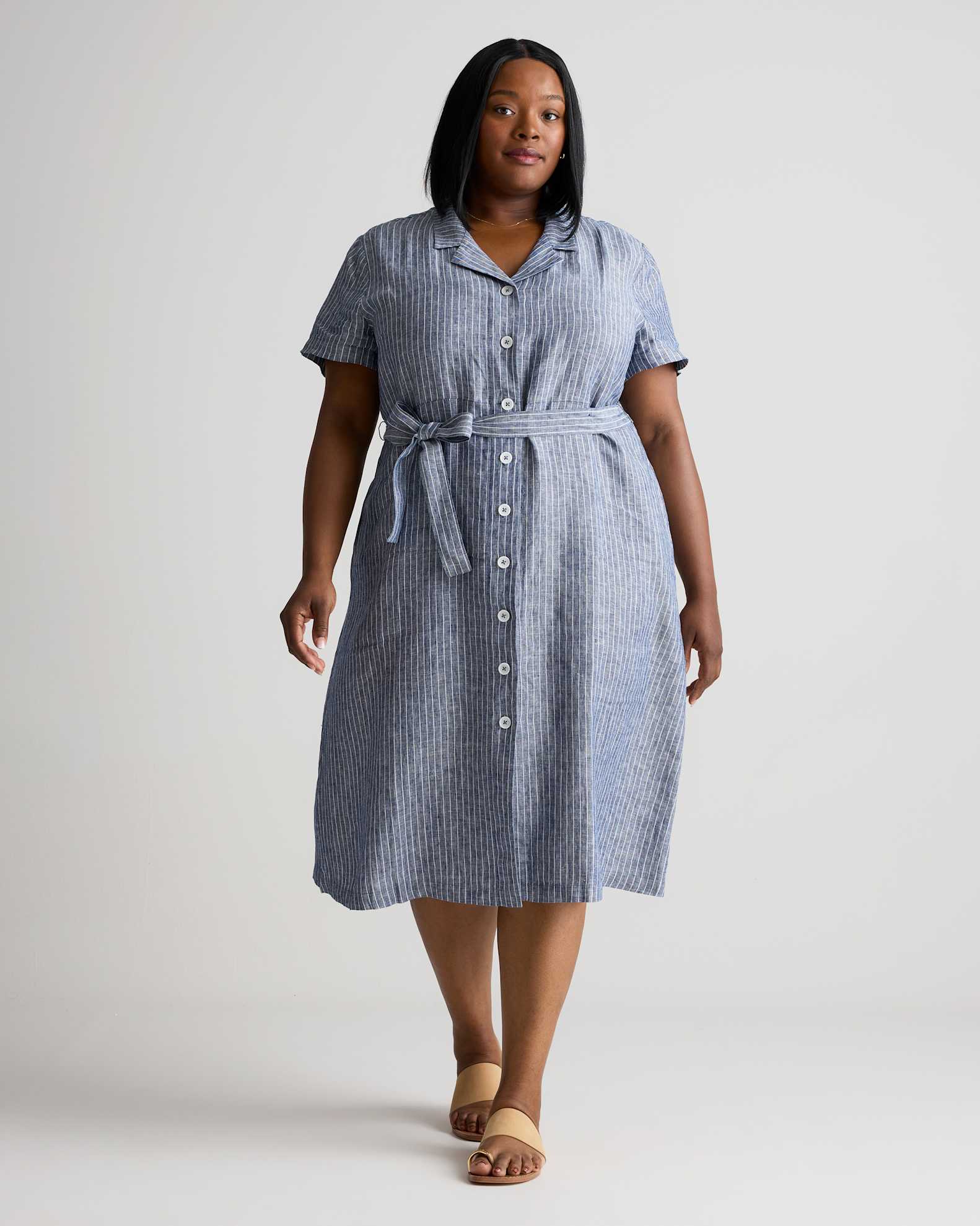 Women's 100% European Linen Button Front Dress in Chambray Stripe, Size 2X by Quince Women's 100% European Linen Button Front Dress in Chambray Stripe, Size 2X by Quince