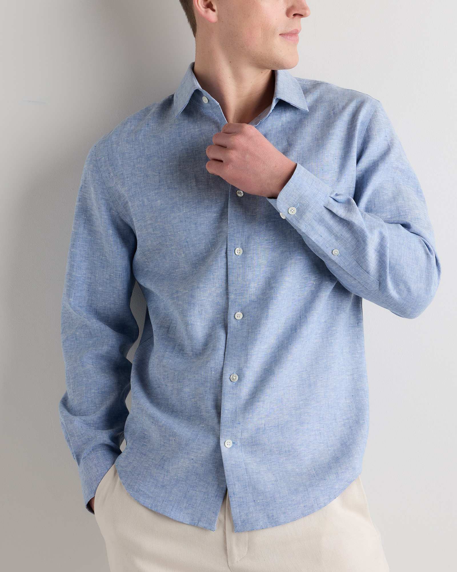 european style dress shirts Men's 100% European Linen Dress Shirt in Chambray Blue