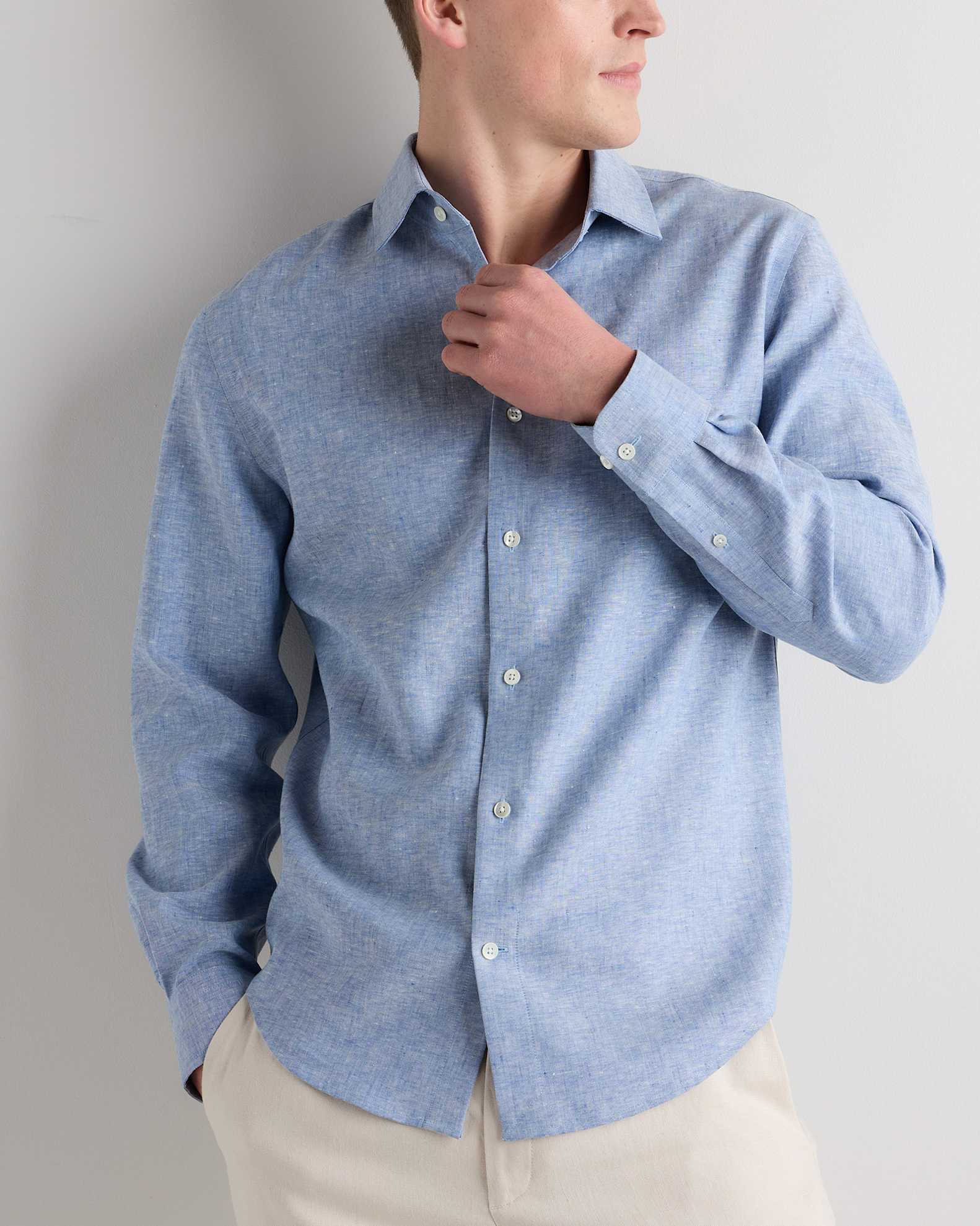 european style dress shirts Men's 100% European Linen Dress Shirt in Chambray Blue