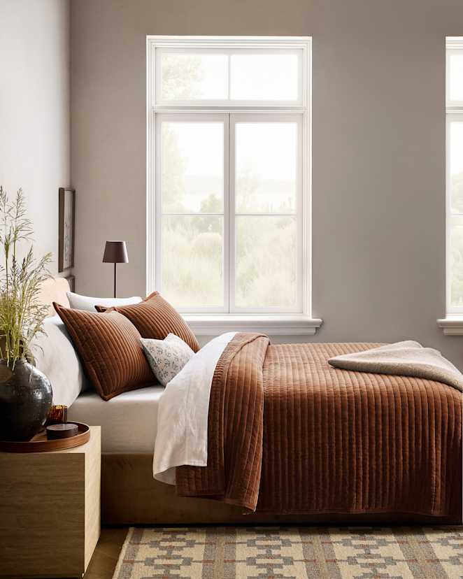 Chestnut Ensemble de taies décoratives matelassées en velours de coton à surpiqûres horizontales