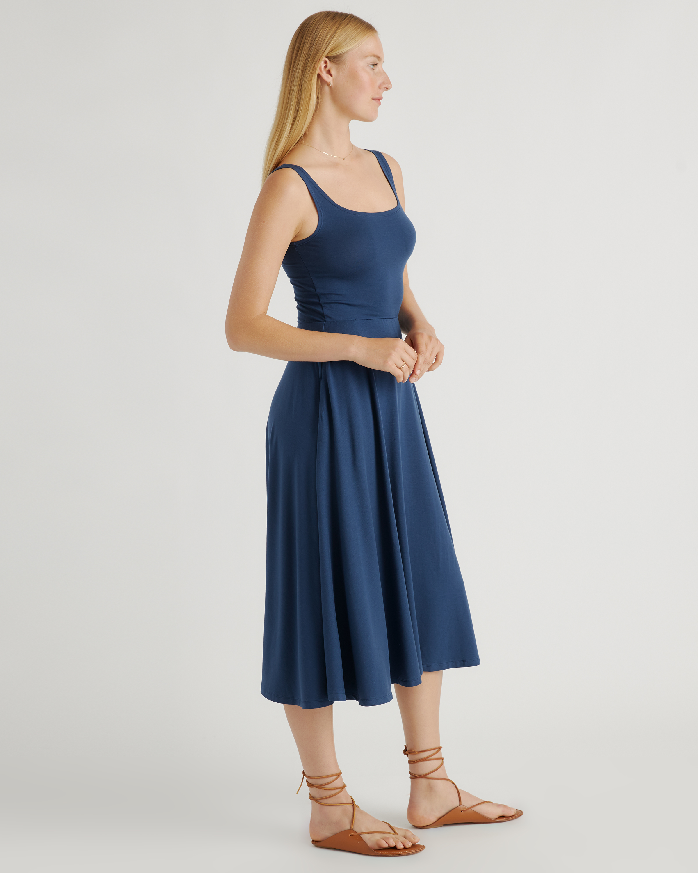 Quince Women's Tencel Jersey Fit & Flare Dress, Navy, Size XL - Sleeveless, Scoop Neck, Side-Seam Pockets