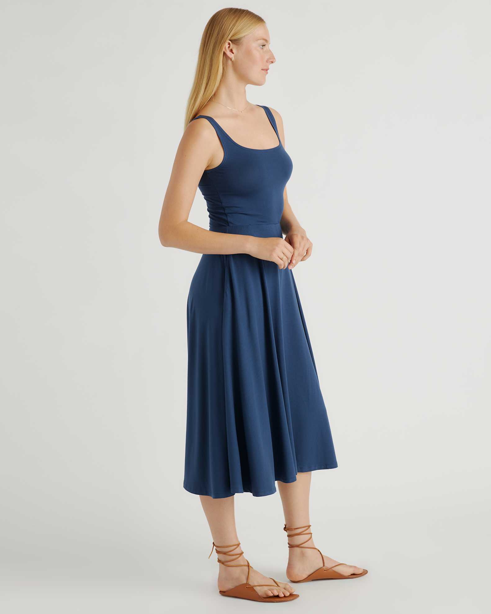 Quince Women's Tencel Jersey Fit & Flare Dress, Navy, Size XL - Sleeveless, Scoop Neck, Side-Seam Pockets Quince Women's Tencel Jersey Fit & Flare Dress, Navy, Size XL - Sleeveless, Scoop Neck, Side-Seam Pockets