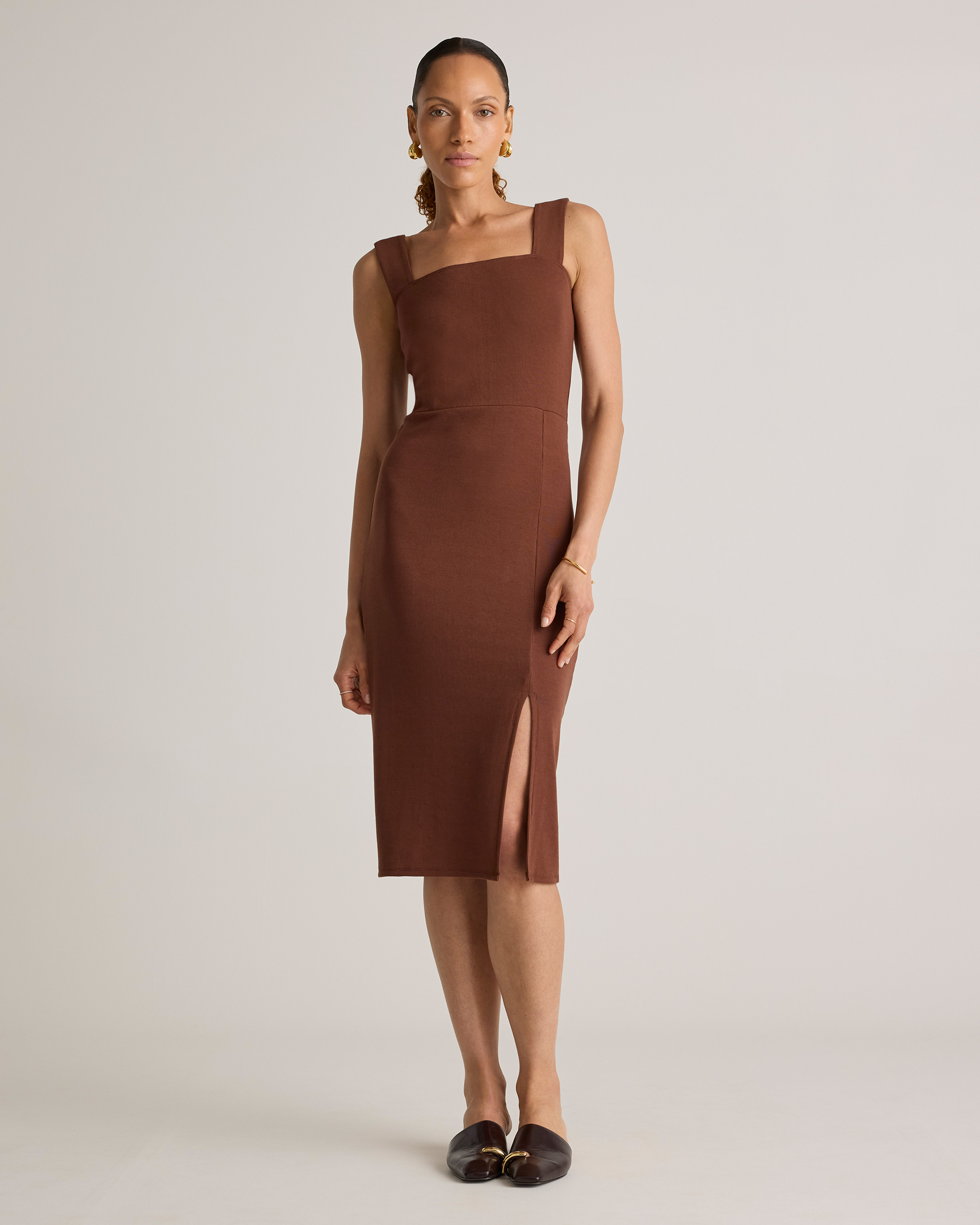 Brown Tencel Rib Knit Sleeveless Square Neck Midi Dress