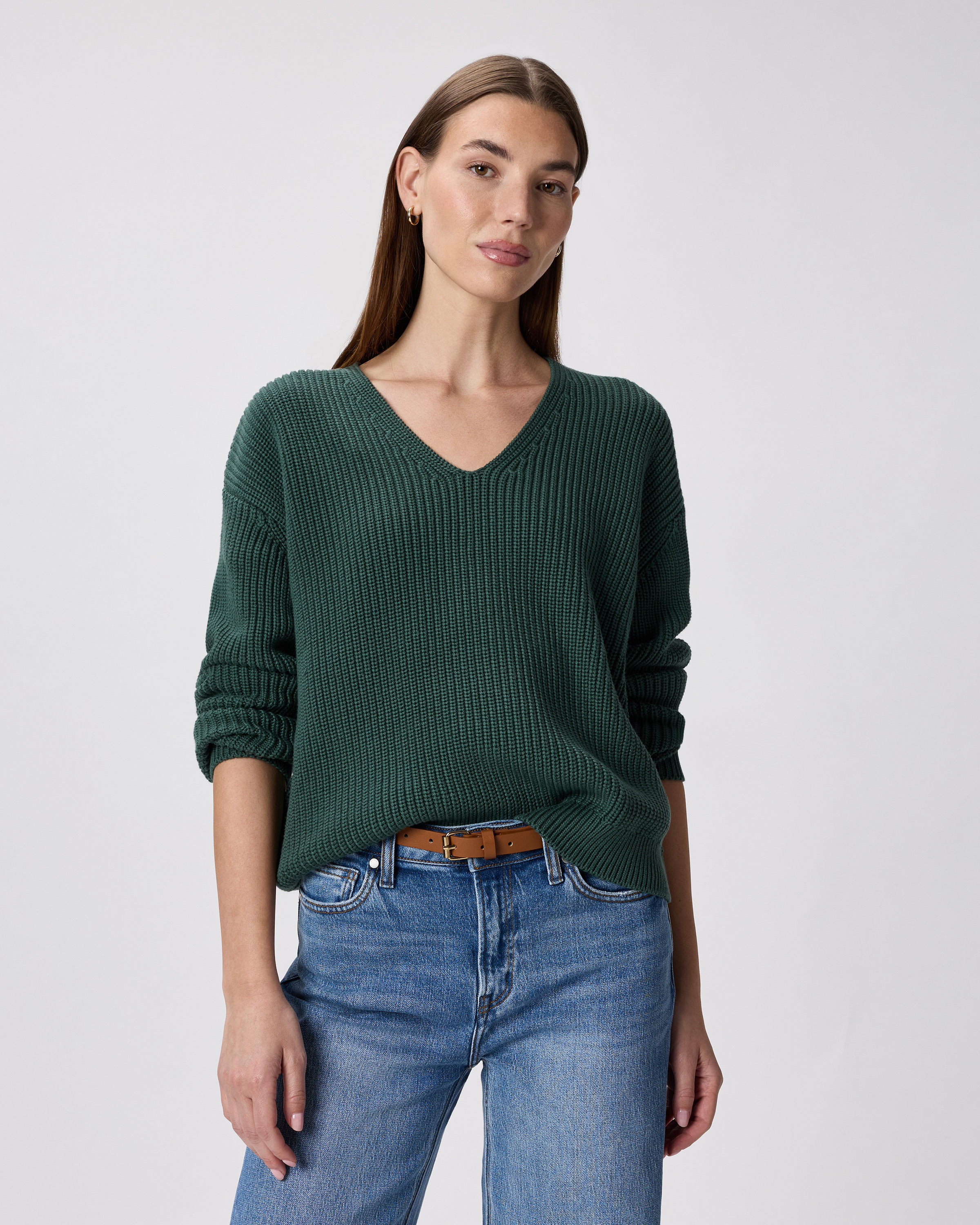Big Sur Green 100% Organic Cotton Fisherman V-Neck Sweater