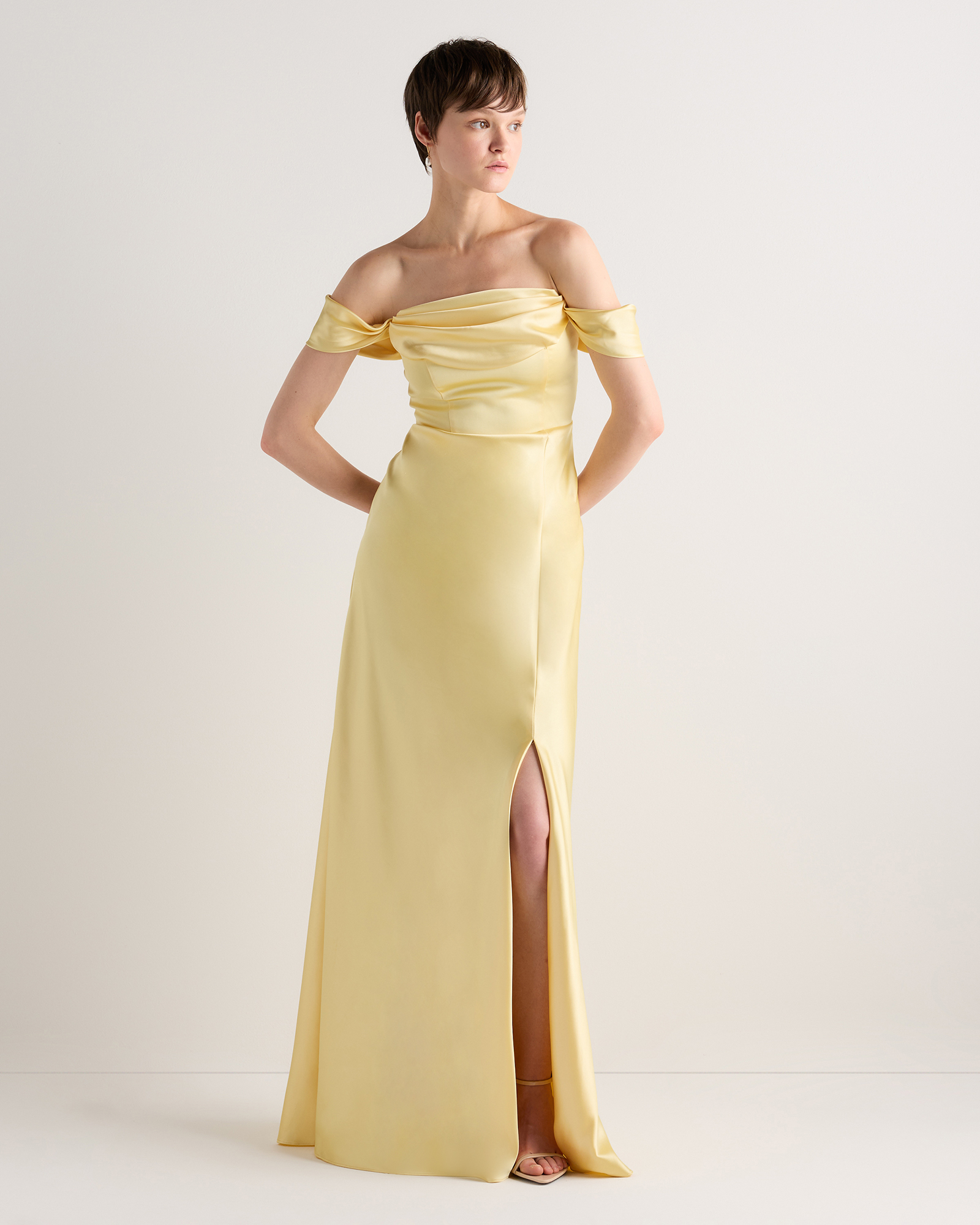 Pastel Yellow Aurora Stretch Satin Convertible Dress