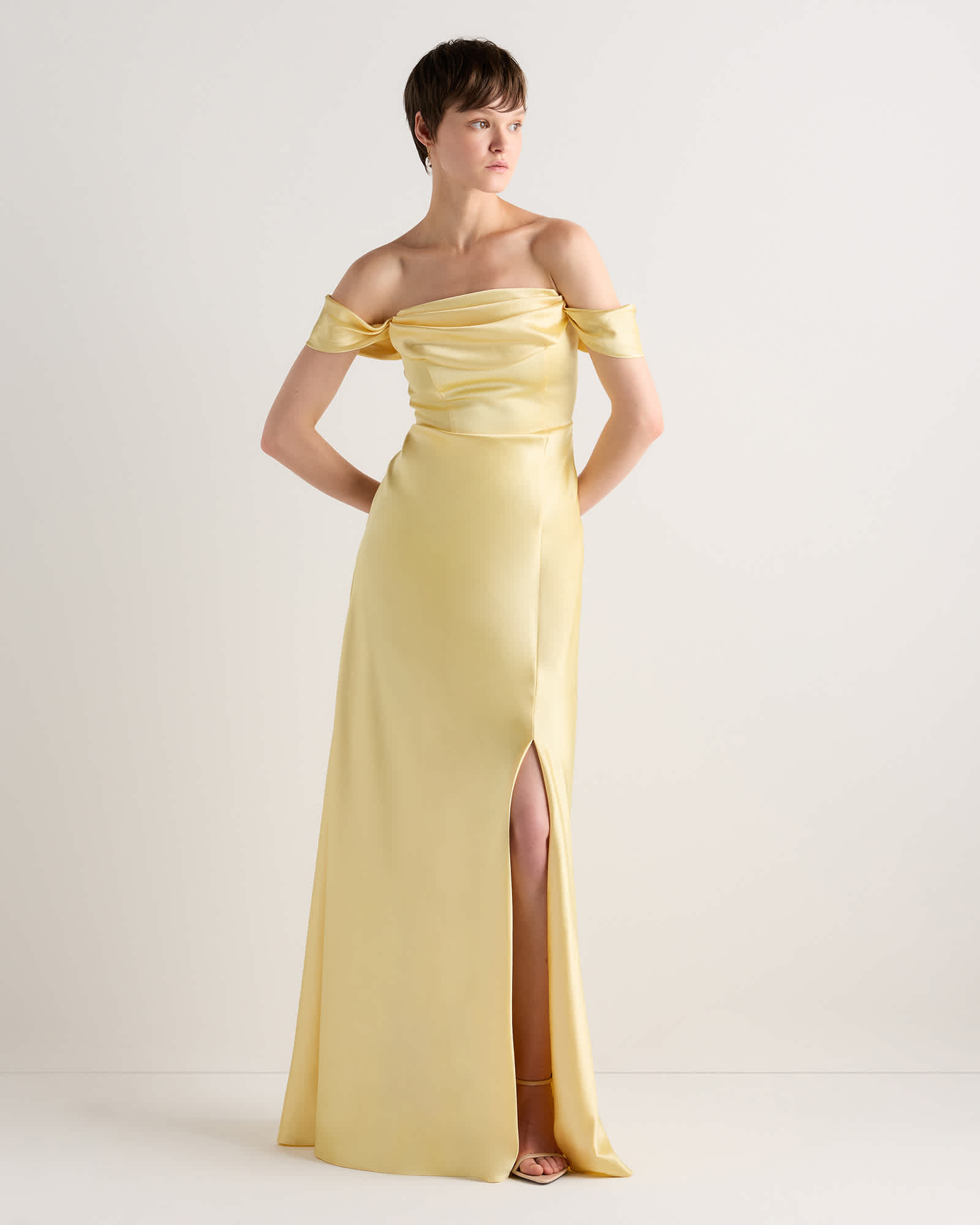 pastel.yellow dress Simple sweetheart yellow satin long prom dress yellow formal dress shdress